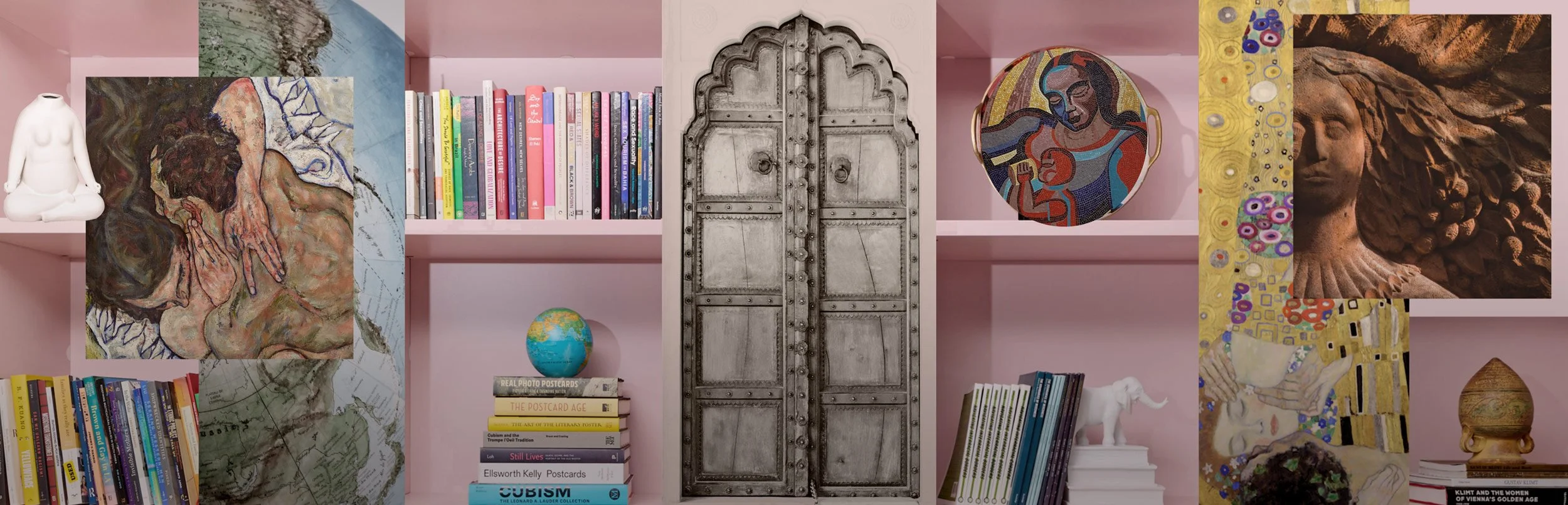 A pink bookshelf decorated with various art pieces, books, and decorative objects. Includes paintings, a small globe, books about art and postcards, a white elephant sculpture, and a metal door as a decorative element.