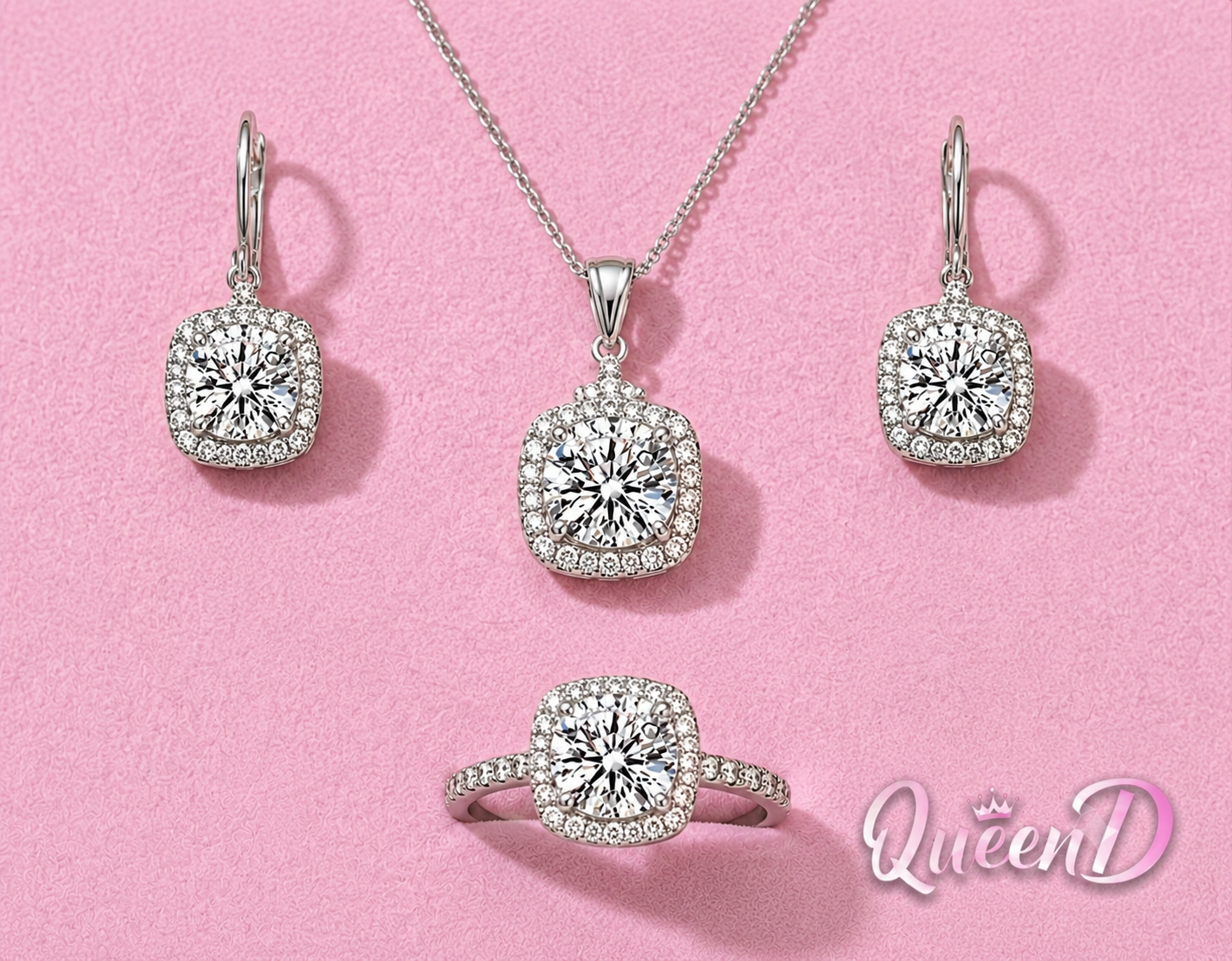 Queen D – Silver Cushion Glow Jewelry Set 💍✨