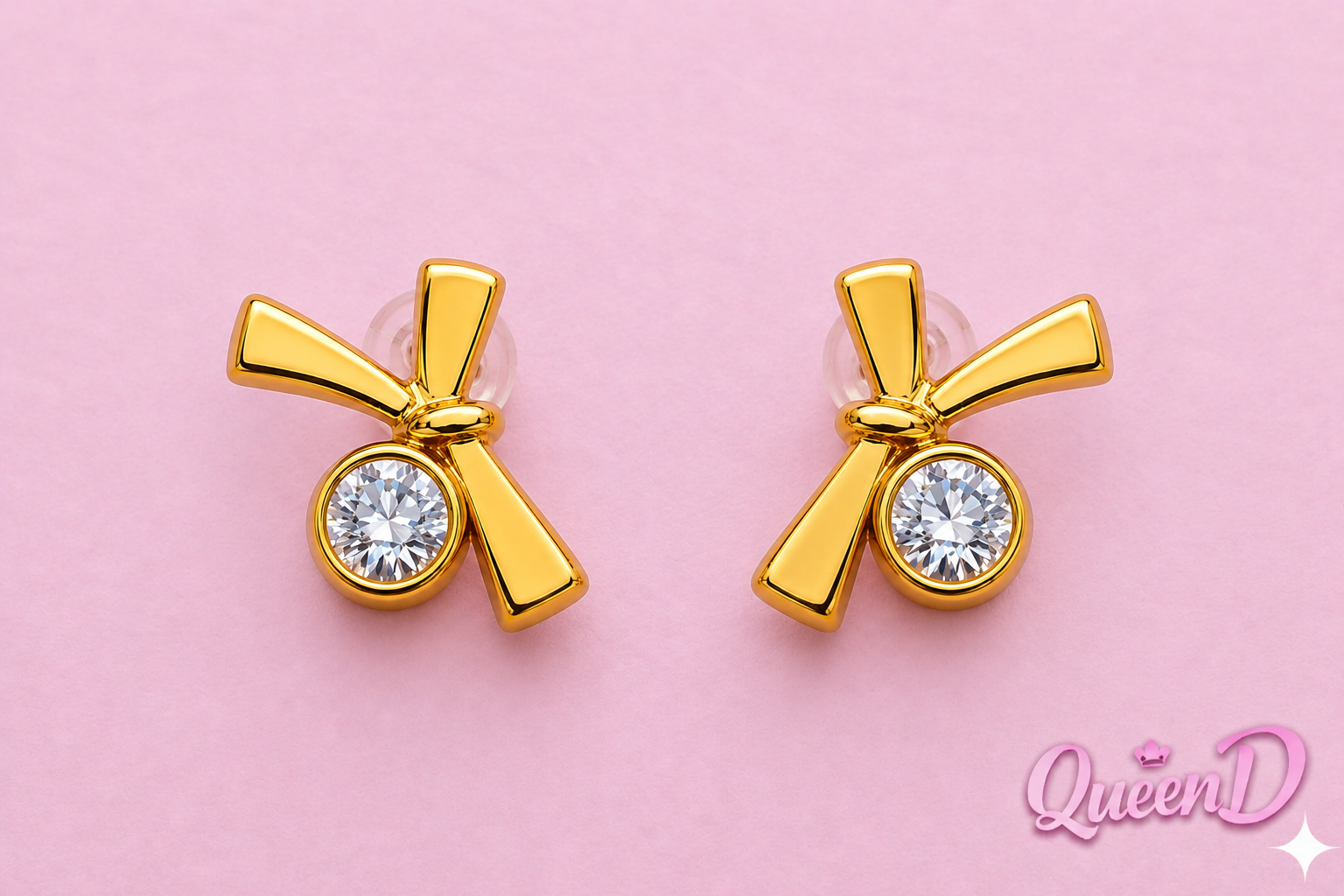 Queen D Gold Bow Gem Stud Earrings