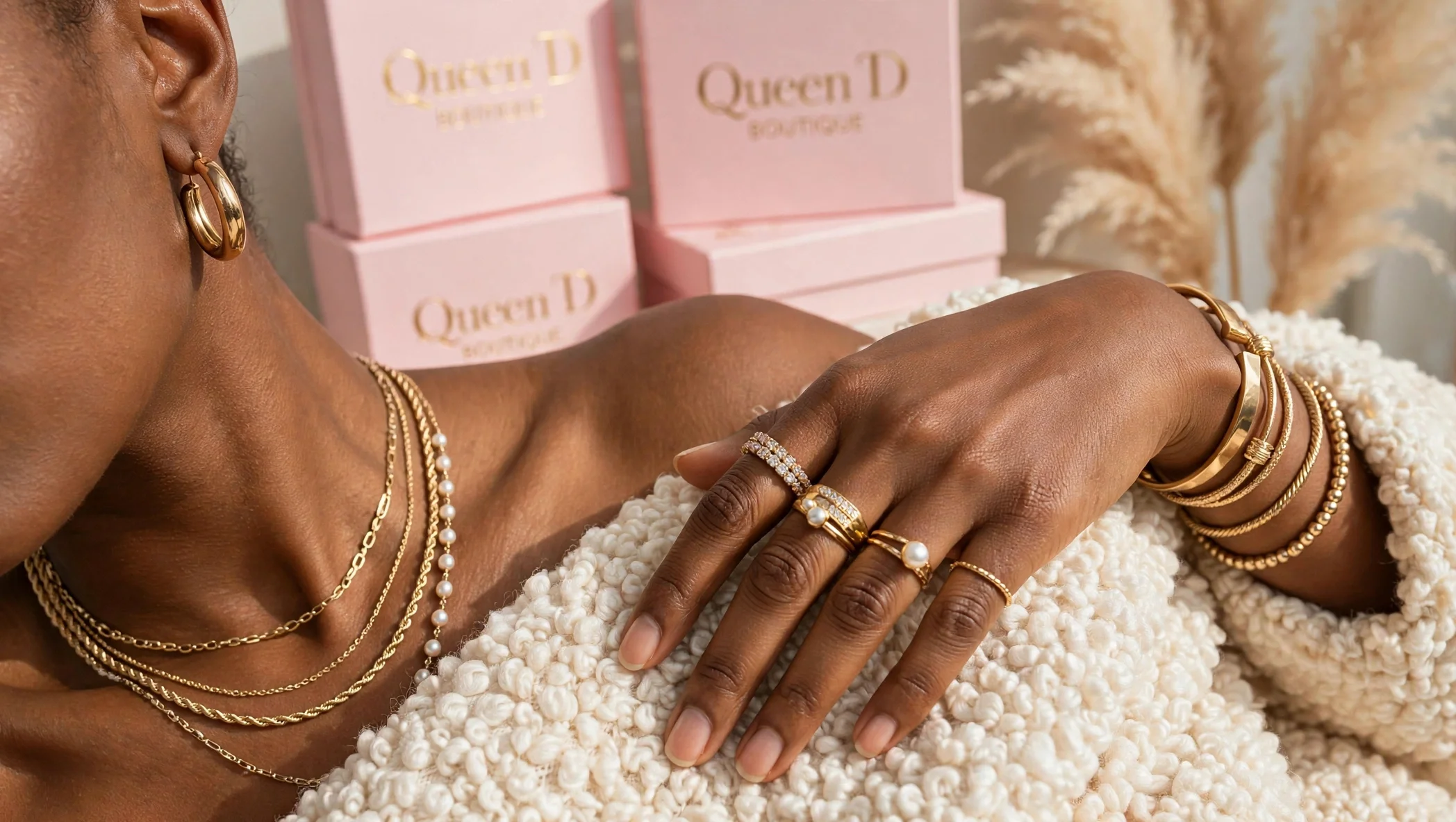woman with a thick blanket wearing a lot of jewelry