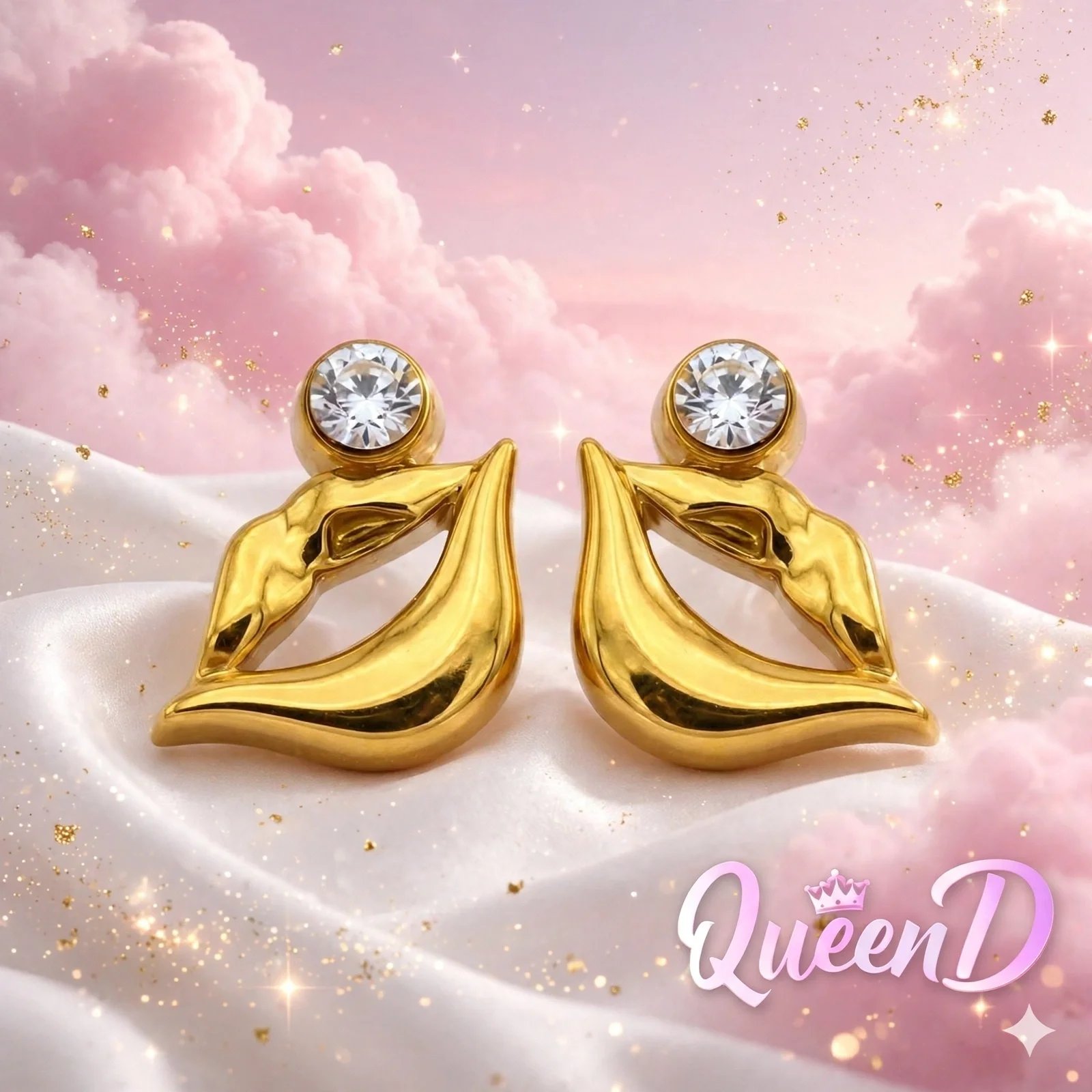 Earrings in the shape of lips with a rhinestone