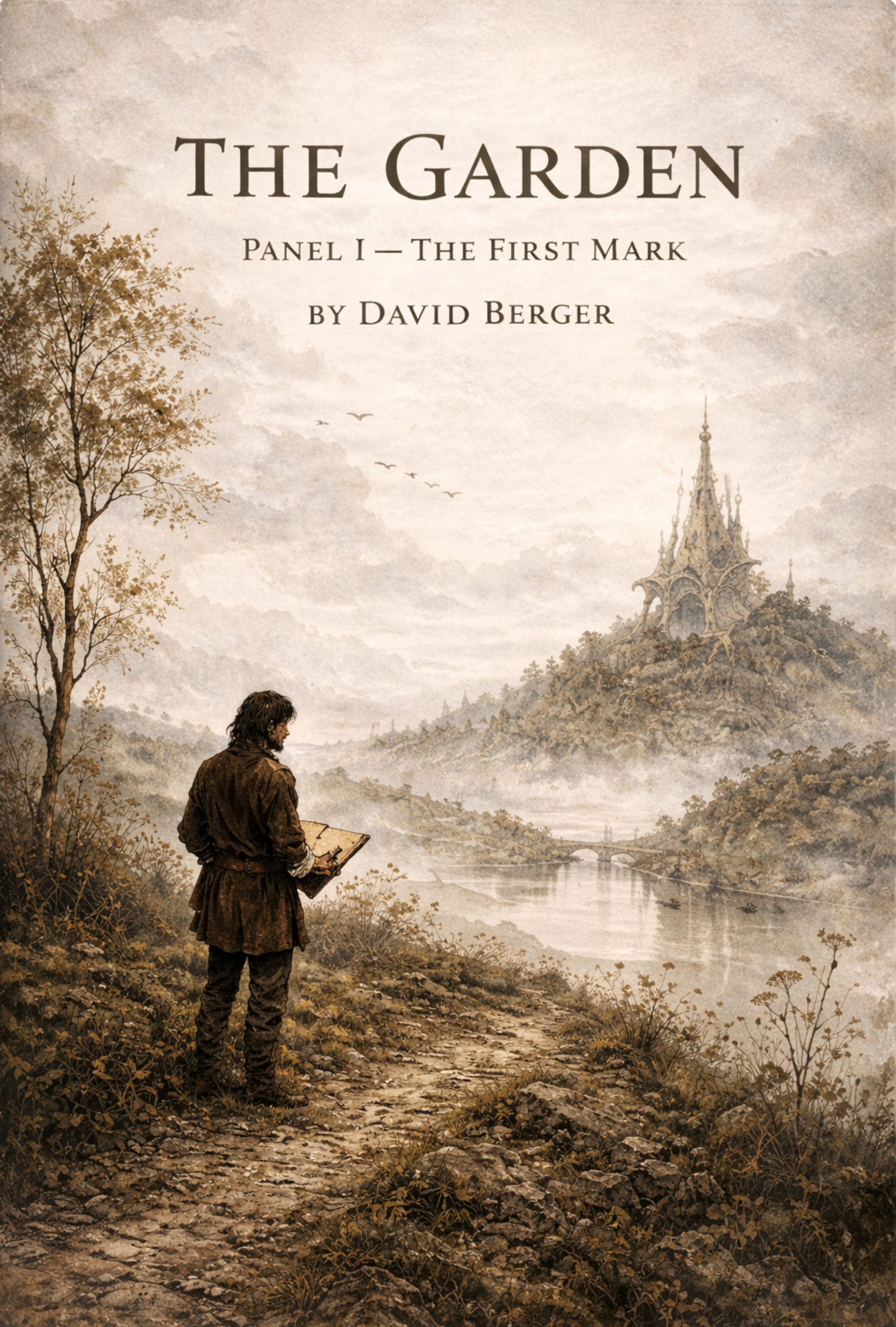 Book cover titled 'The Garden: Panel 1 - The First Mark by David Berger' showing a man with long hair and a beard, dressed in historical clothing, standing on a dirt path by a river, holding a sketchbook and pencil, looking at a distant castle on a hill with a misty landscape and a cloudy sky.