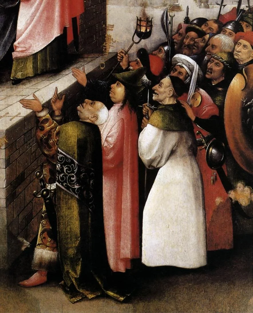 Close-up detail from Hieronymus Bosch's Ecce Homo*, showing a tightly packed crowd of men with varied facial expressions ranging from anger and mockery to uncertainty as they watch Christ being presented by Pontius Pilate.*