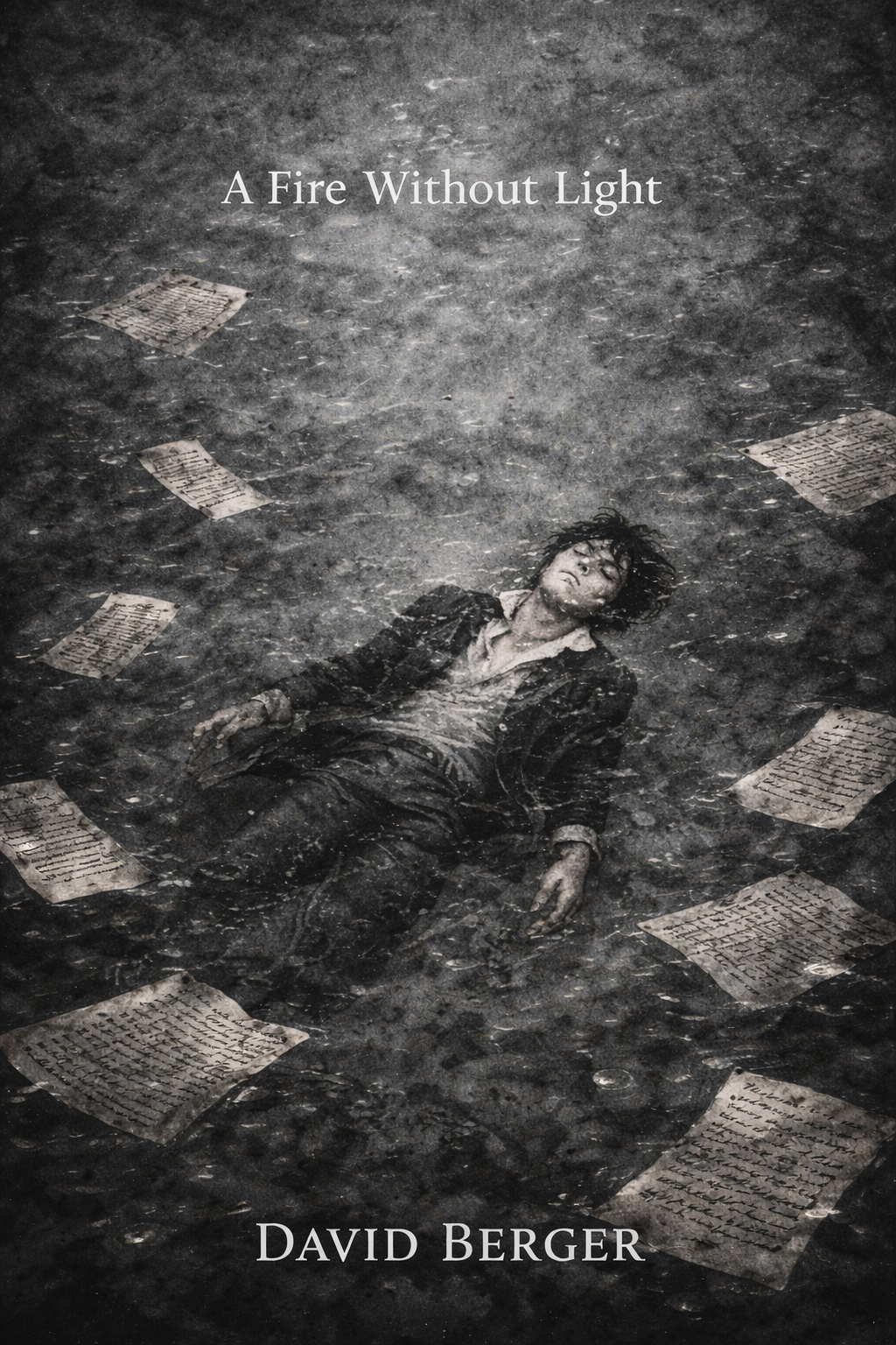 Black and white photo of a young person lying on the ground with eyes closed, surrounded by scattered handwritten notes.