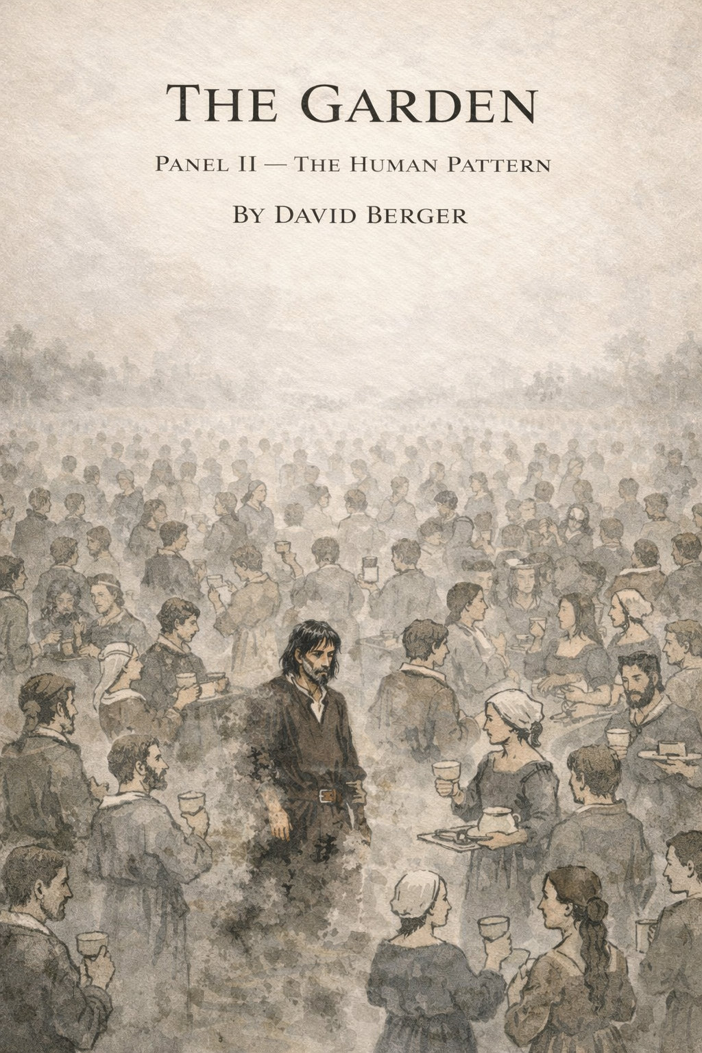 Illustration of a large gathering of people in a garden, with the central figure being a man with dark hair and a beard, dressed in dark clothing, surrounded by women and men holding cups. The scene has a misty, subdued color palette.