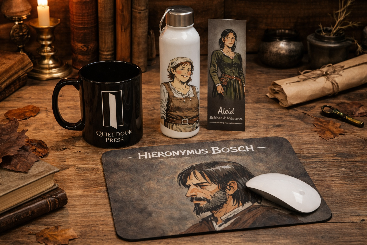 A wooden desk with a black mug labeled 'Quiet Door Press,' a white water bottle with an illustrated woman, a business card with the same woman, a mouse pad with a man's illustrated face titled 'Hieronymus Bosch,' a rolled scroll tied with string, dried leaves, old books, a small key, and candles in the background.