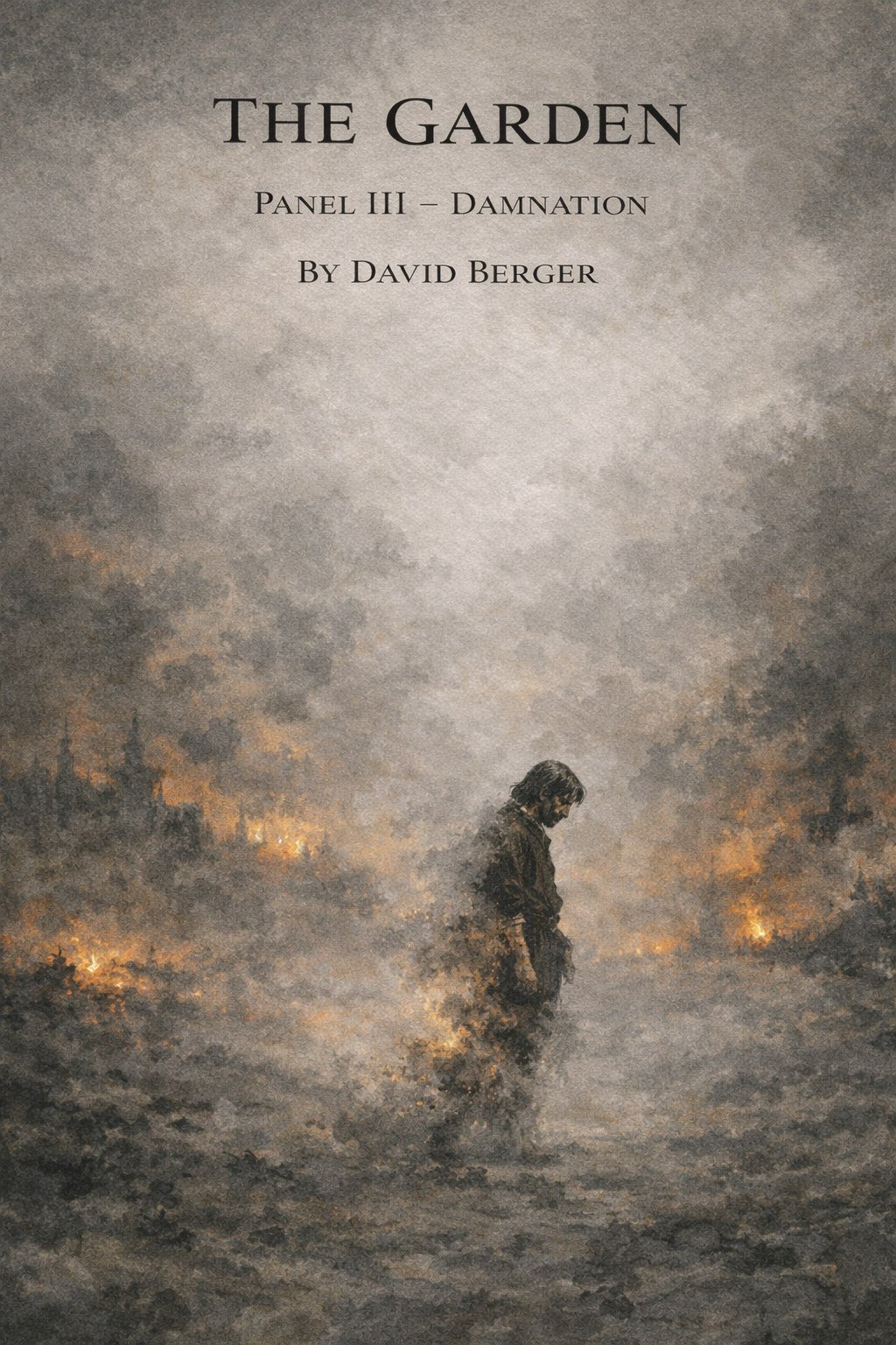 Book cover for 'The Garden: Panel III - Damnation' by David Berger featuring a dark, moody illustration of a man standing alone in a smoky, fiery landscape.