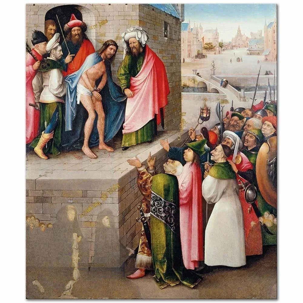 Full view of Hieronymus Bosch's Ecce Homo*, painted around 1475–1480. Christ, crowned with thorns and wearing a purple robe, stands before Pontius Pilate as a crowd of onlookers gathers below, with a detailed Flemish town in the background.