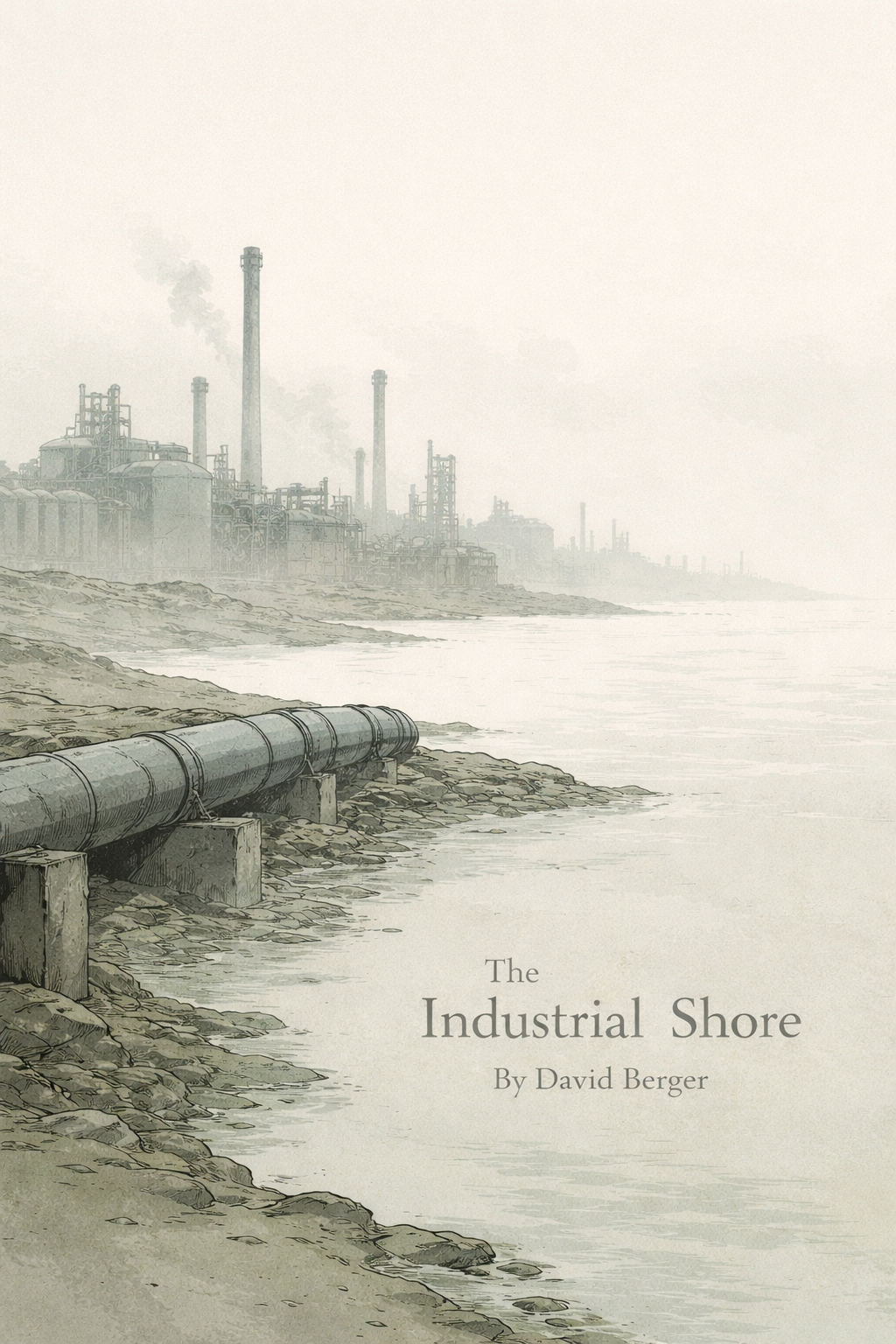 Cover of a book titled "The Industrial Shore" by David Berger, featuring a grayscale illustration of an industrial waterfront with factory buildings, smokestacks emitting smoke, and a pipeline running along the rocky shore.