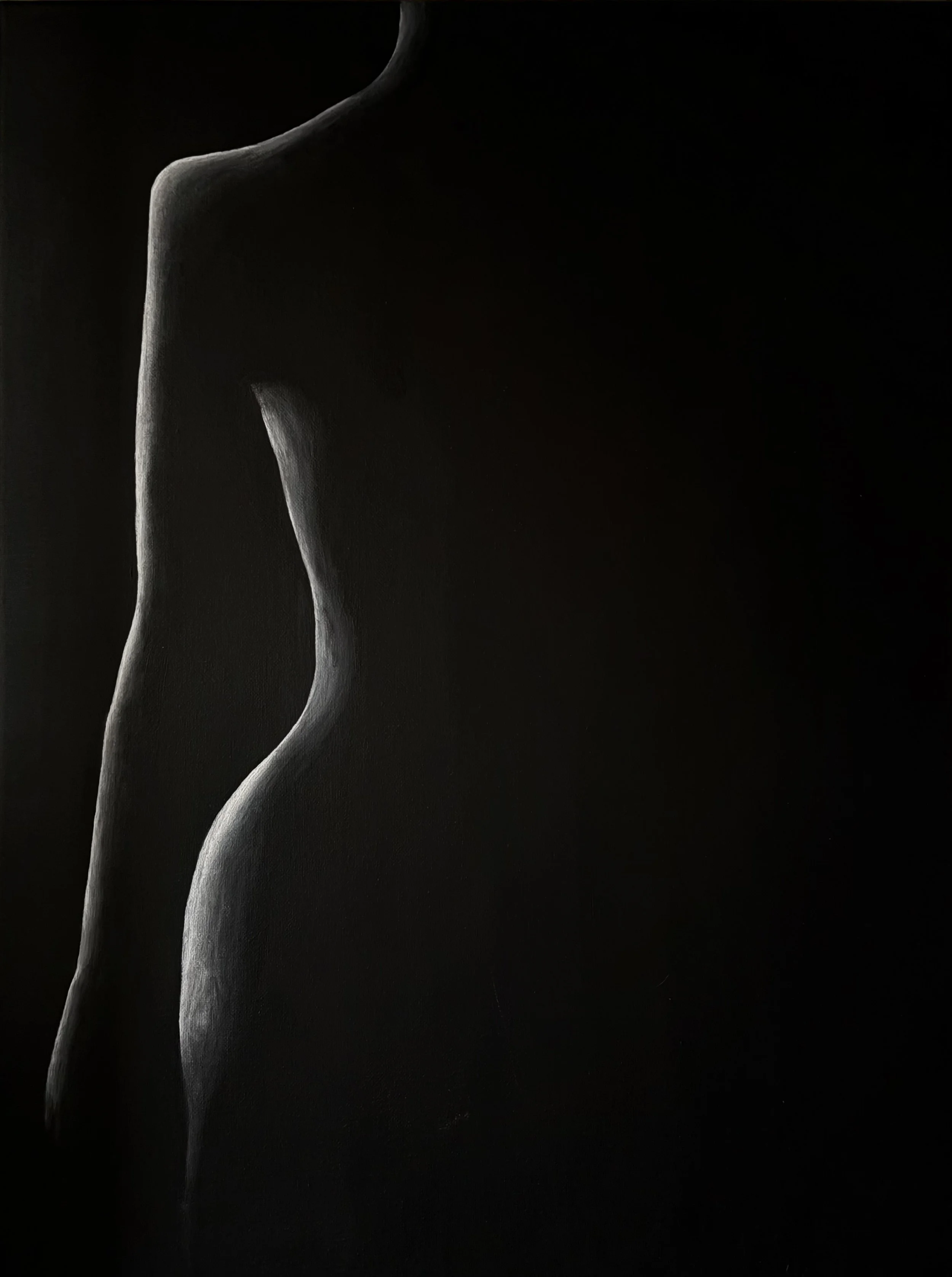 A close-up photograph of a female torso, focusing on the side profile, with a dark background emphasizing the contours and curves of the body.