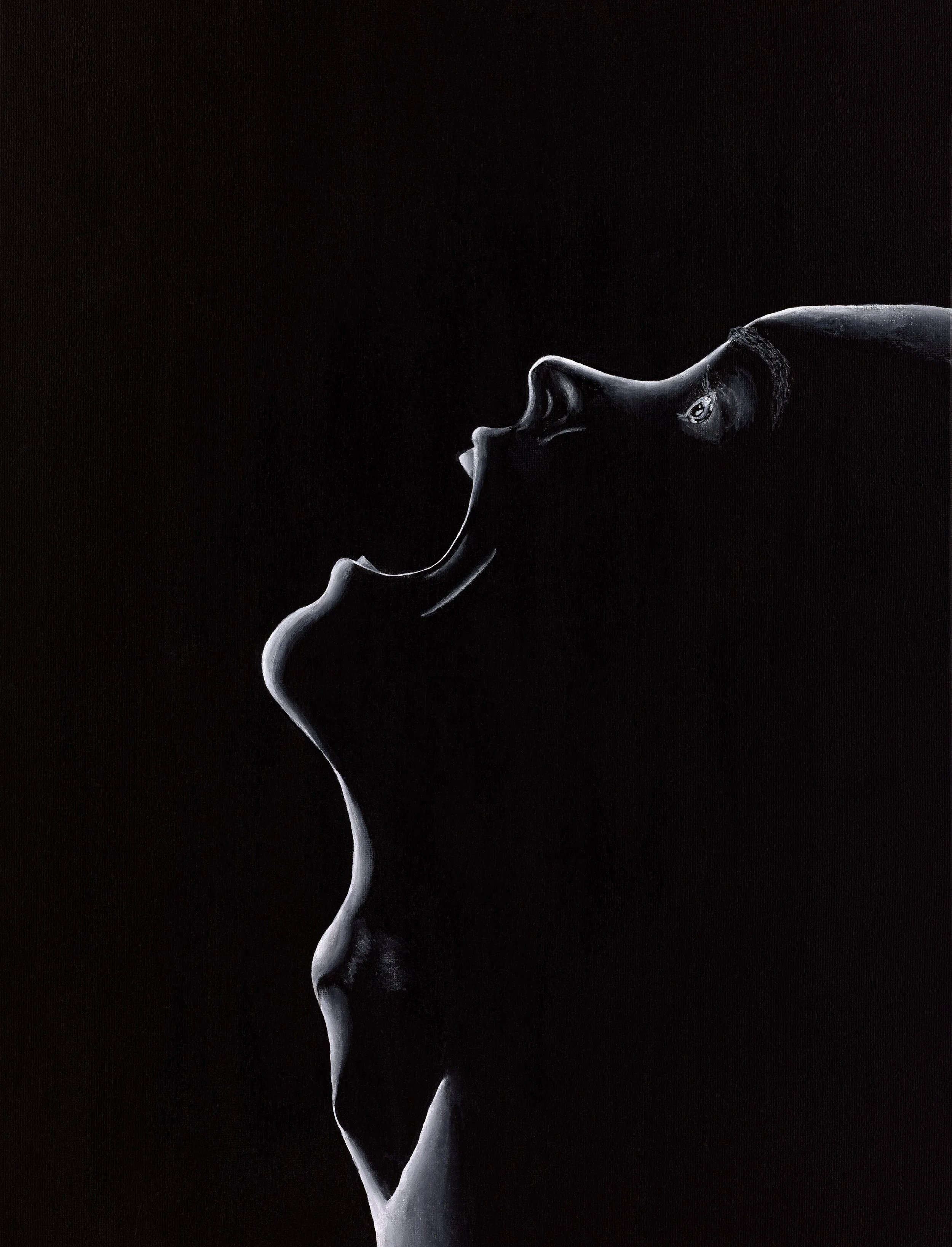 A black-and-white painting of two faces in profile, one appearing to be screaming or shouting, and the other a calm face with closed eyes, against a black background.