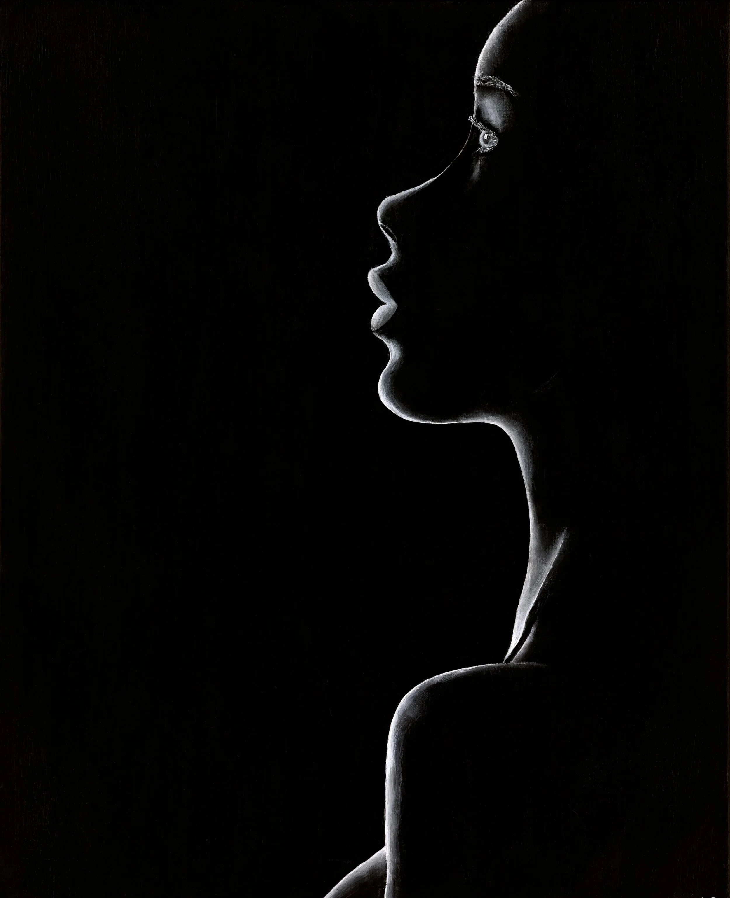 A black-and-white artwork of a woman's side profile with light highlights emphasizing her facial features and neck, set against a black background.