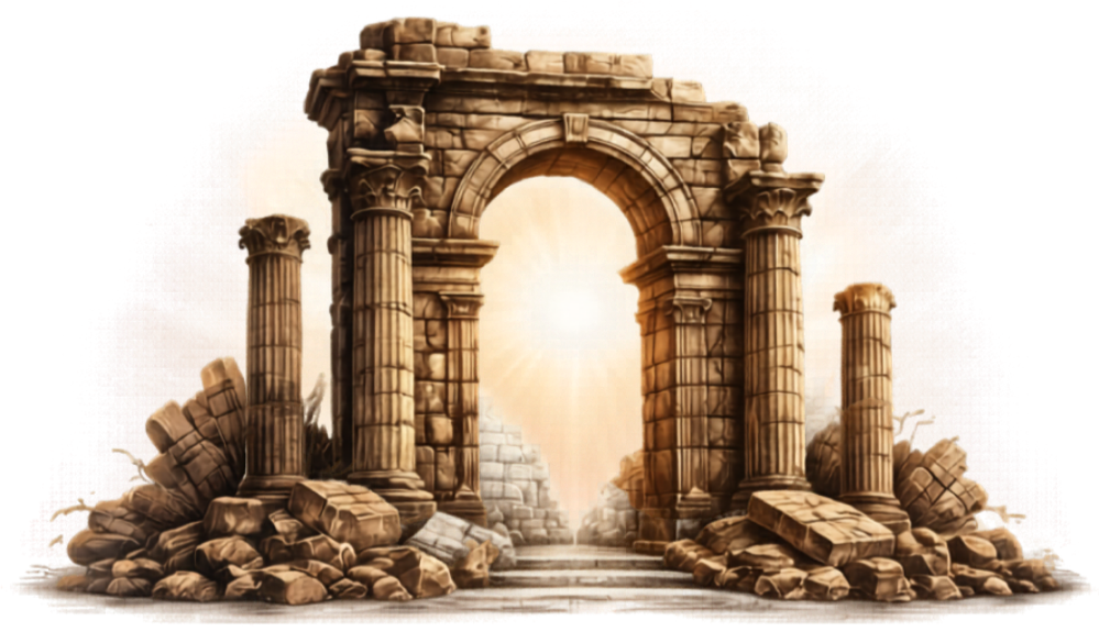 Ancient stone ruins with a large arched doorway, flanked by broken columns and scattered rocks, illuminated by bright sunlight with a fiery red and orange sky in the background.