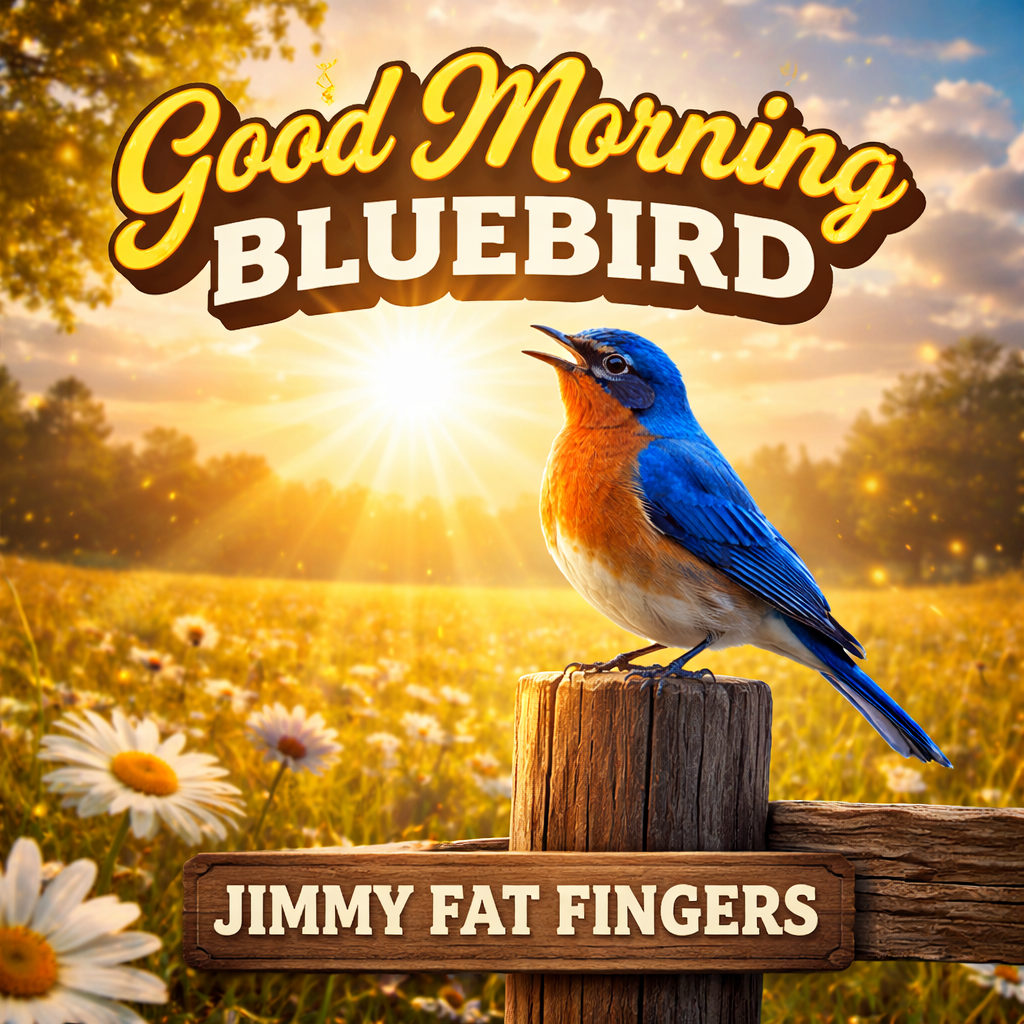 A colorful bluebird standing on a wooden post in a field of daisies with a sunrise in the background, and the text "Good Morning Bluebird" at the top and "Jimmy Fat Fingers" at the bottom.