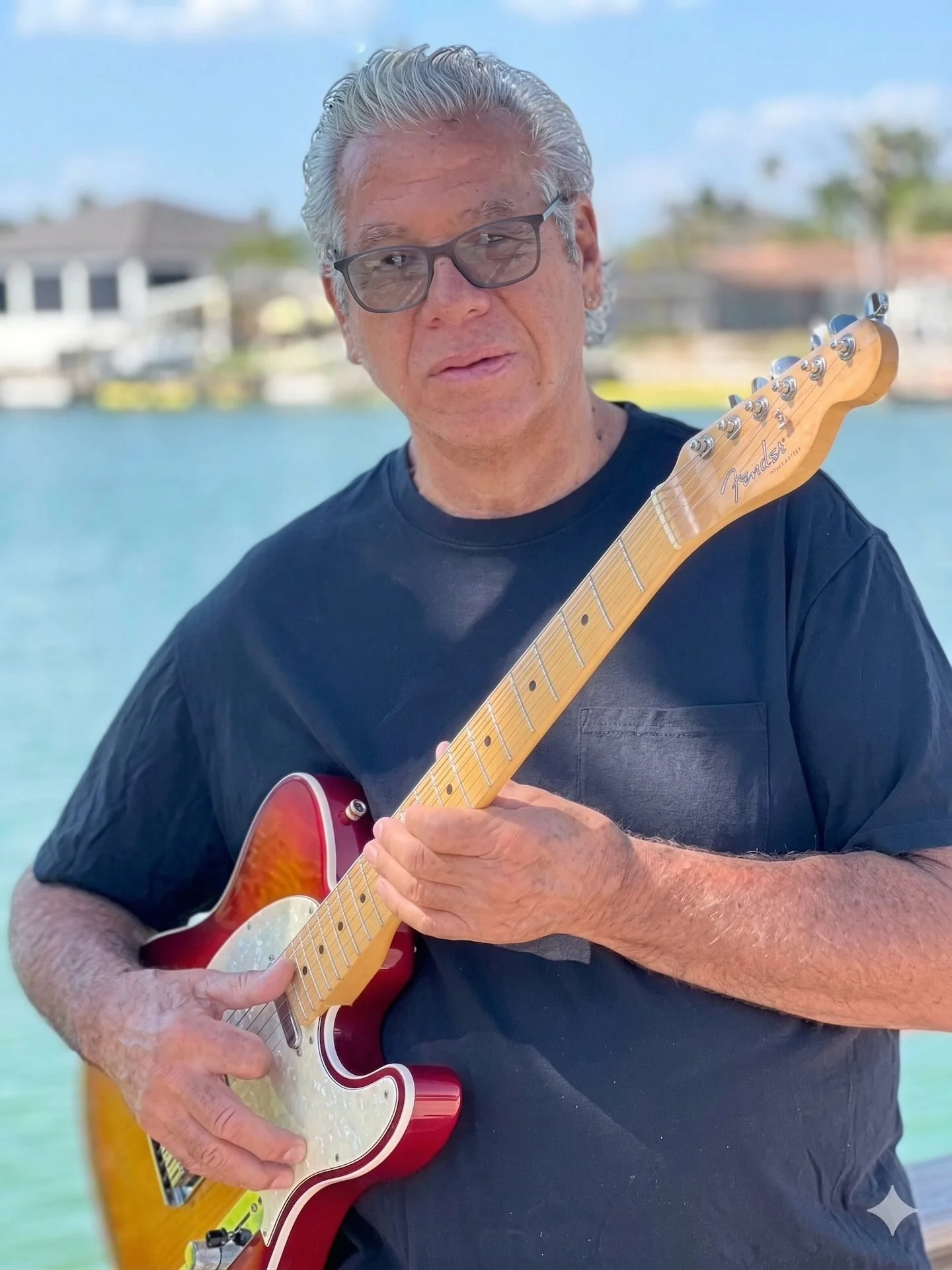 James M. Fritz AKA Jimmy Fat Fingers, wearing glasses and a black shirt, playing a red electric guitar outdoors near a body of water with houses and trees in the background.