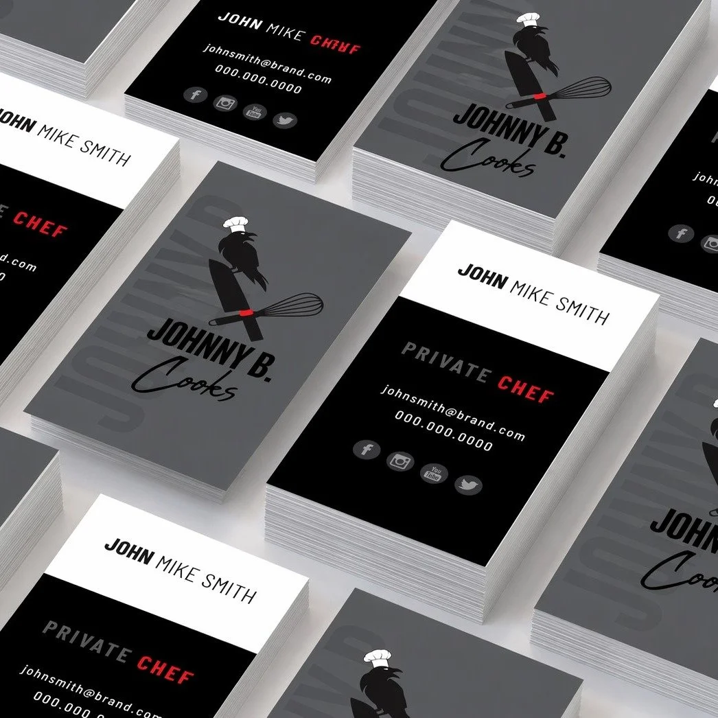 Not every brand has to play it safe.

This one was for a pop-up chef, so it was all about creating something bold, memorable, and a little different.

Logo + business cards that actually stand out &mdash; just like they should.