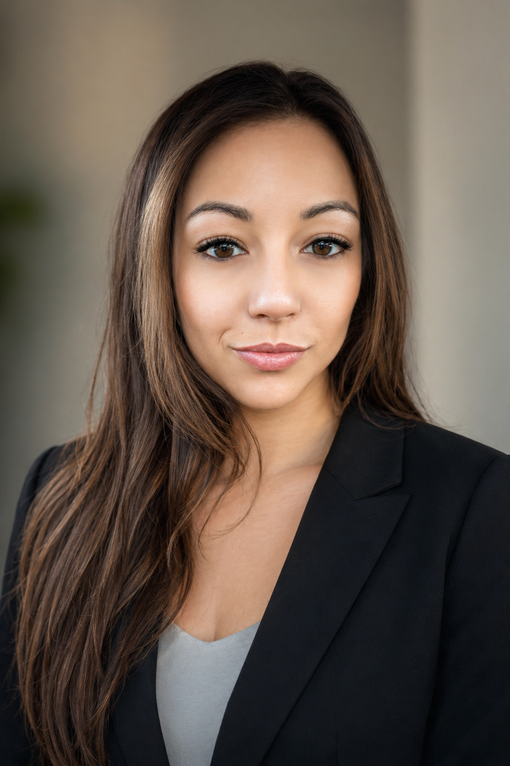 Close-up portrait of a young woman with long brown hair, wearing a black blazer and a gray top, looking confidently at the camera.