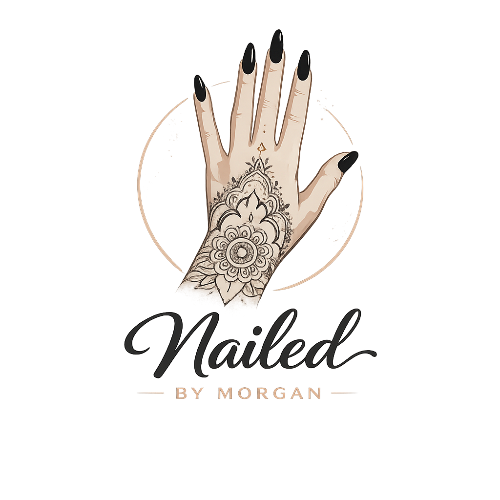 A hand with black painted nails and a floral henna tattoo resting on a circular surface, with the words 'Nailed by Morgan' written below.