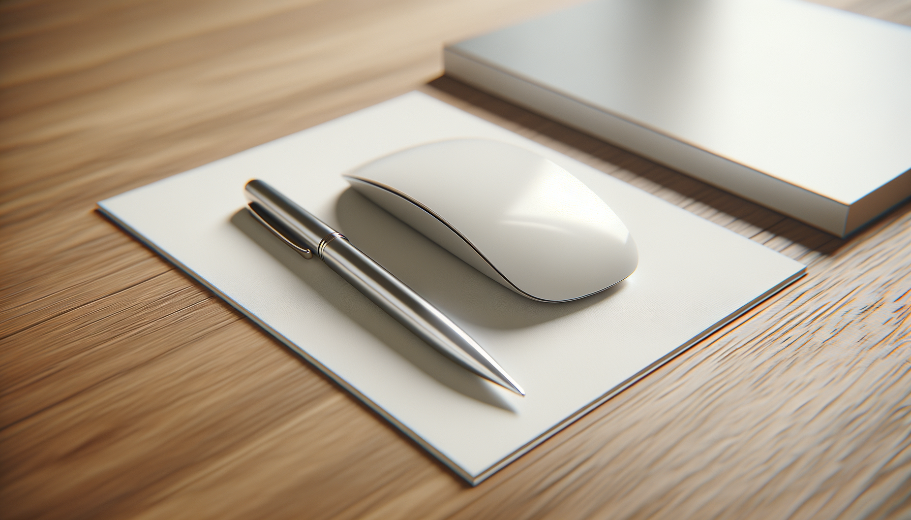 A silver pen, white computer mouse, and a stack of closed white notebooks on a wooden desk.
