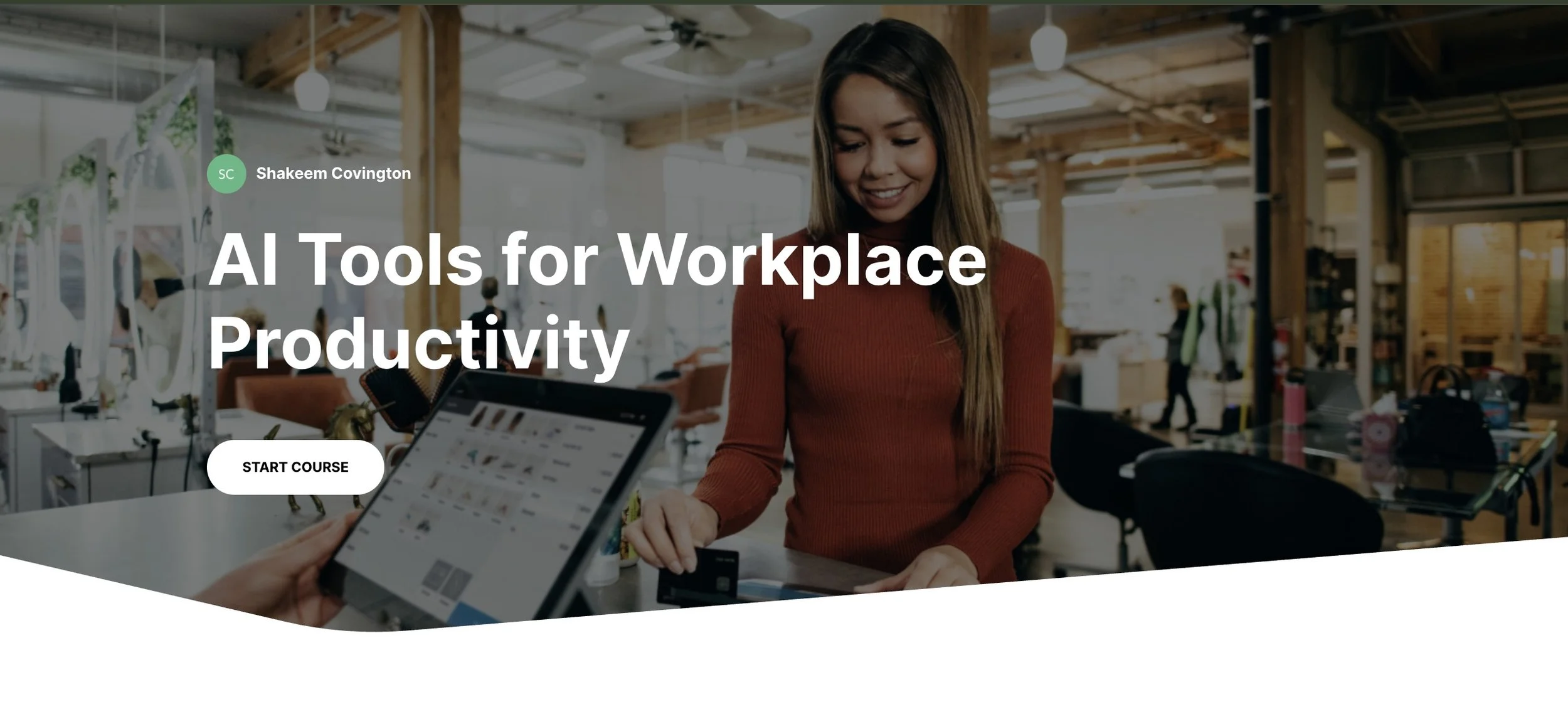 A woman smiling while looking at a tablet in a modern office environment, promoting an online course titled 'AI Tools for Workplace Productivity'.