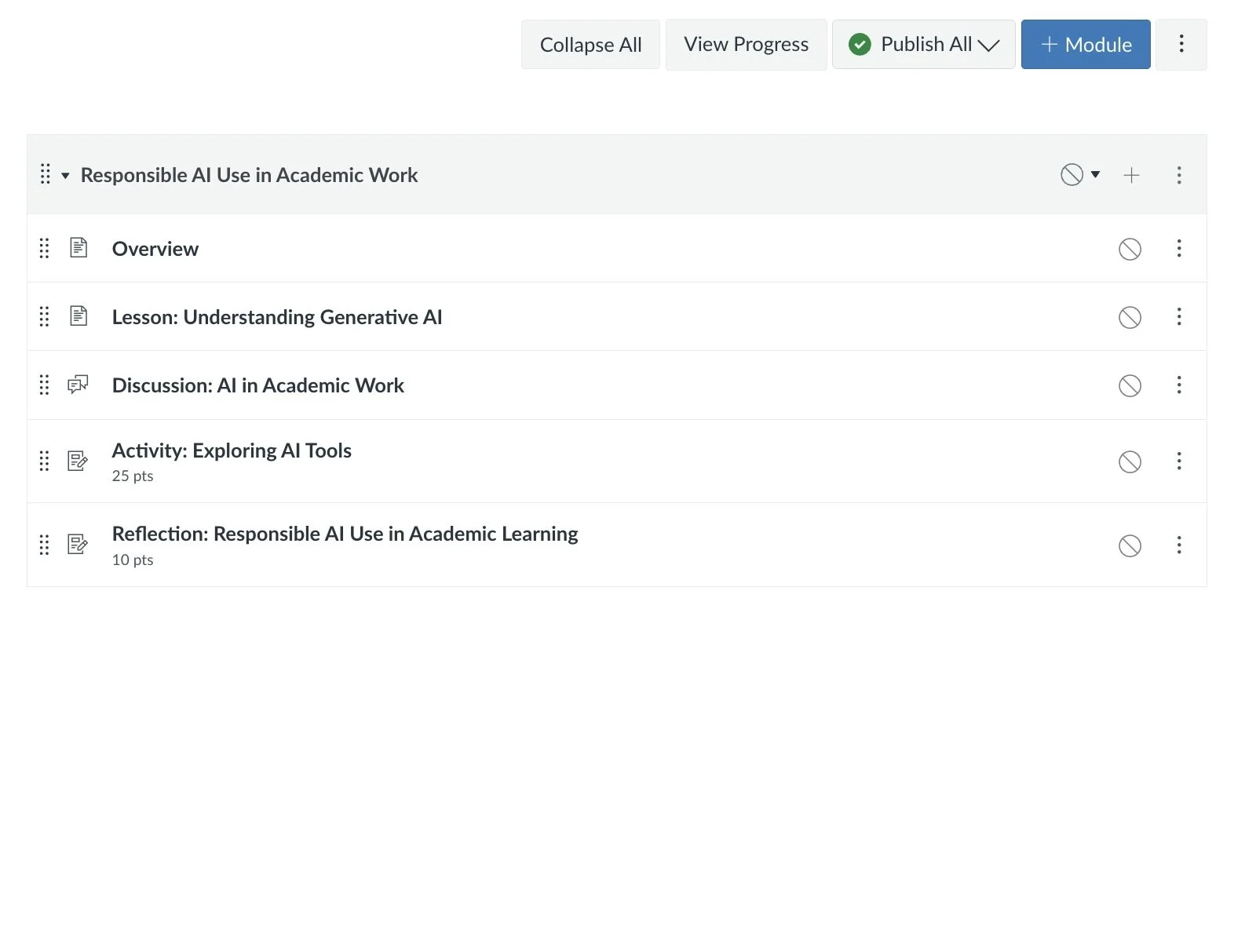 Screenshot of an online course outline on Responsible AI use in academic work, listing sections such as overview, lesson on understanding Generative AI, discussion on AI in academic work, activity exploring AI tools, and reflection on responsible AI use in academic learning.