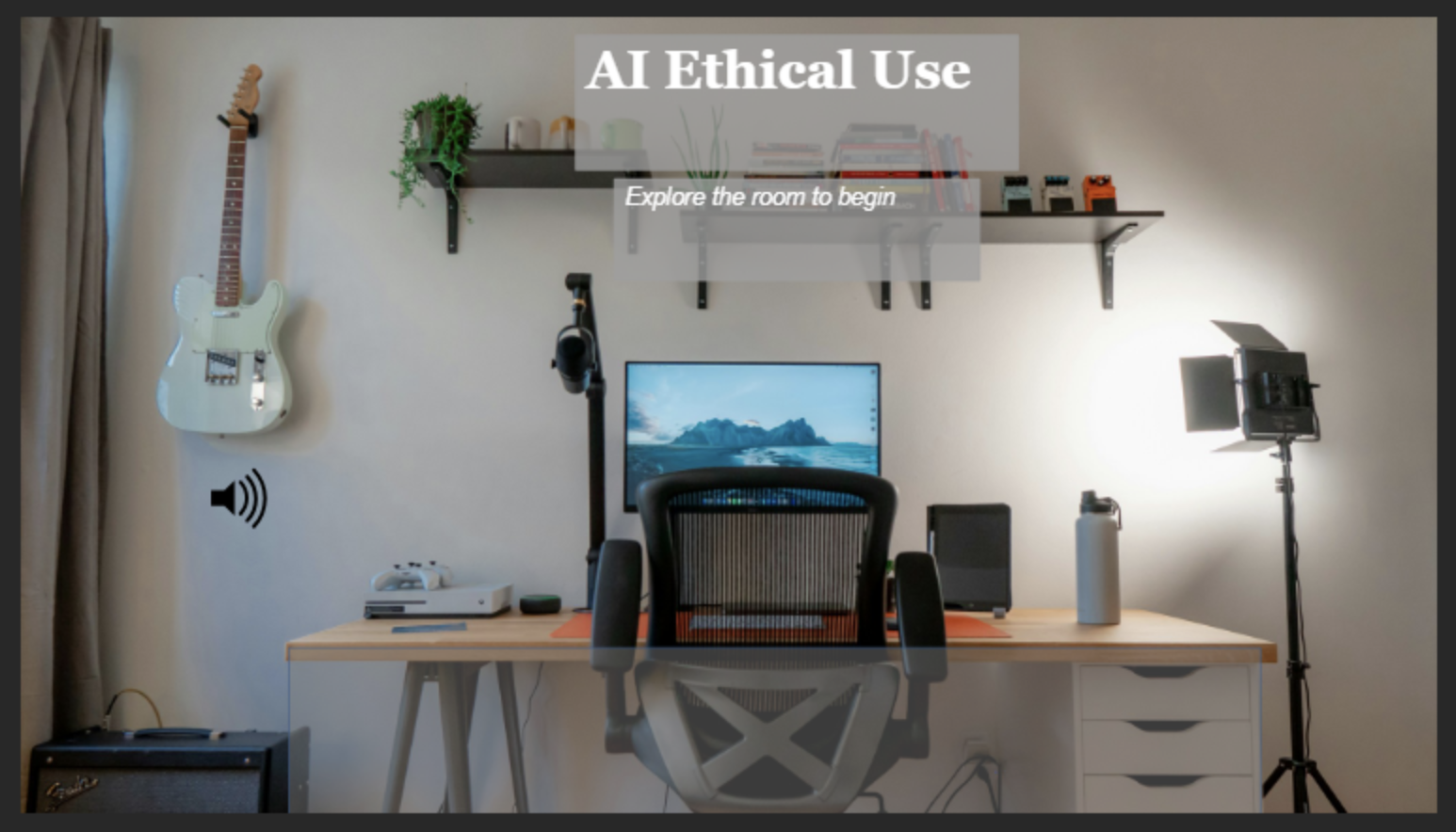A home office with a desk, office chair, computer monitor, and various electronic devices. A guitar is mounted on the left wall, with a shelf holding books and plants above. There is a studio light and a small water bottle on the desk. The image features an overlay text about AI ethical use and exploring the room.