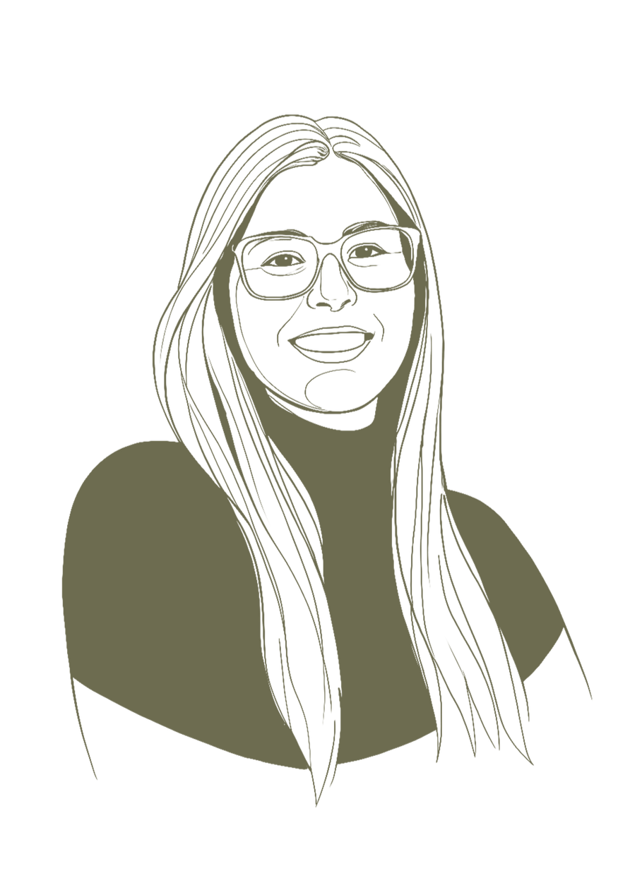 Portrait d'une femme avec des lunettes, souriante, en illustration stylisée sur fond noir.