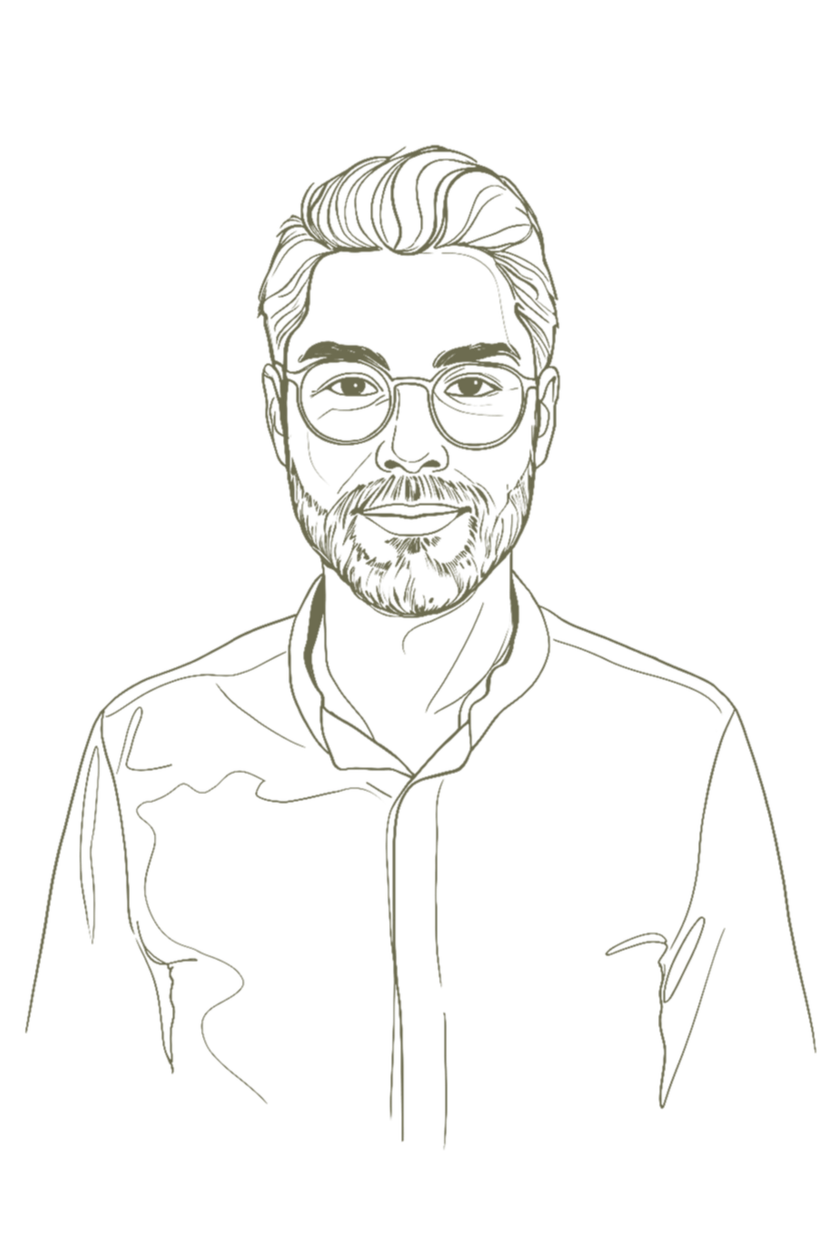 Illustration numérique d'un homme avec des lunettes et une barbe, portant une chemise. Style ligne minimaliste, couleurs neutres sur fond noir.