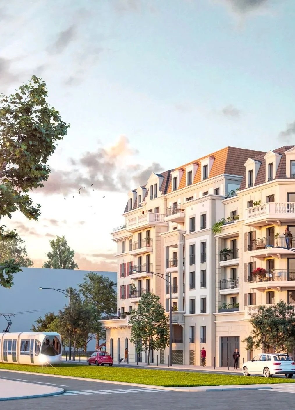 Résidence moderne avec balcons, trottoir, tramway et voitures, arbres et ciel avec nuages et oiseaux