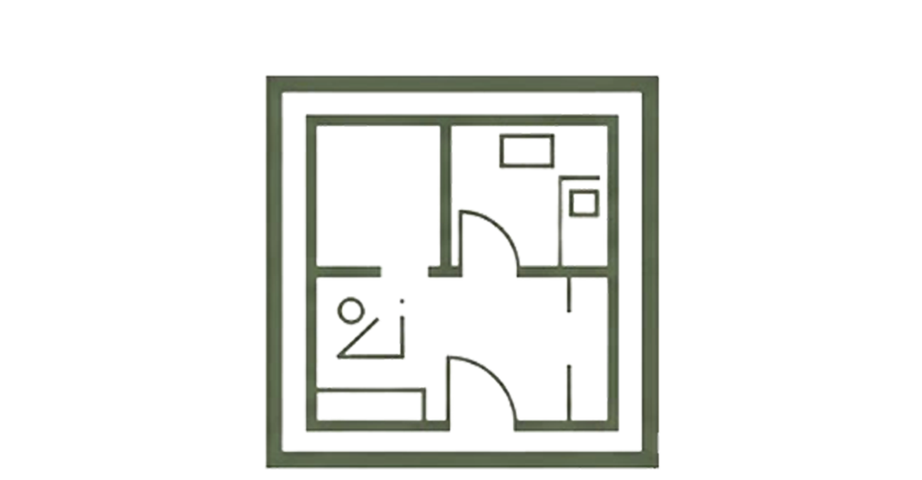 Plan d'une petite maison avec quatre pièces, comprenant une salle de bain, une cuisine, une chambre et un salon.