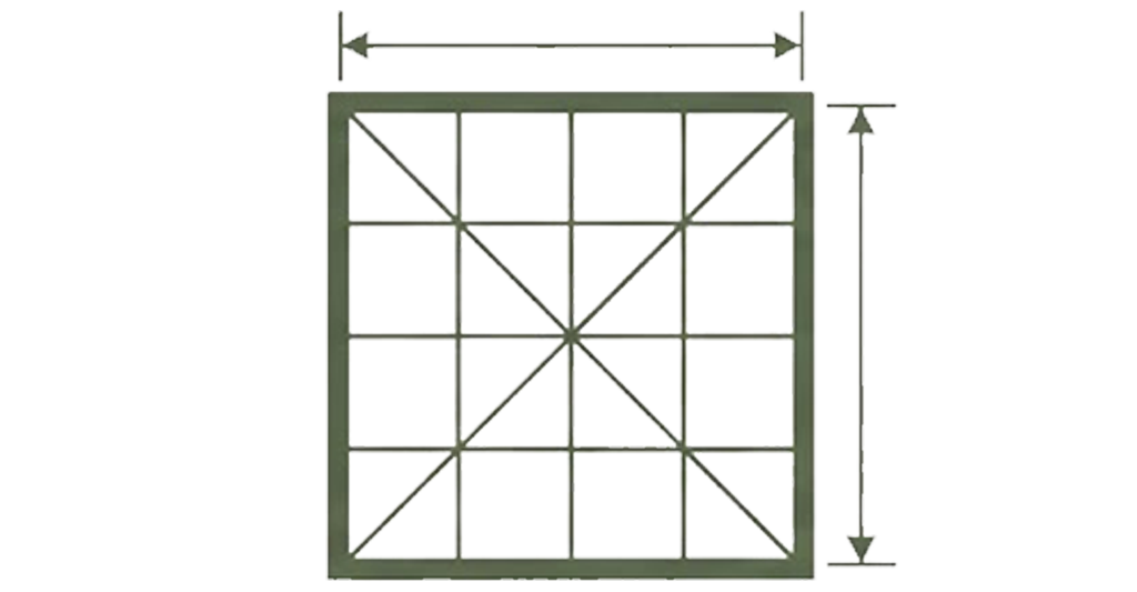 Une image d'une grande fenêtre à plusieurs carreaux et une croix en diagonale, avec un cadre métallique vert, vue de face avec des mesures indiquées.