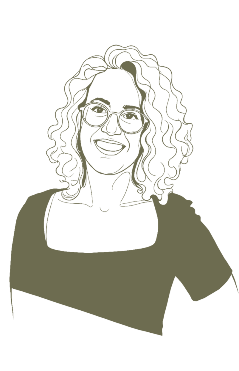 Portrait d'une femme avec des cheveux bouclés, portant des lunettes et souriant, en dessin illustratif minimalist.