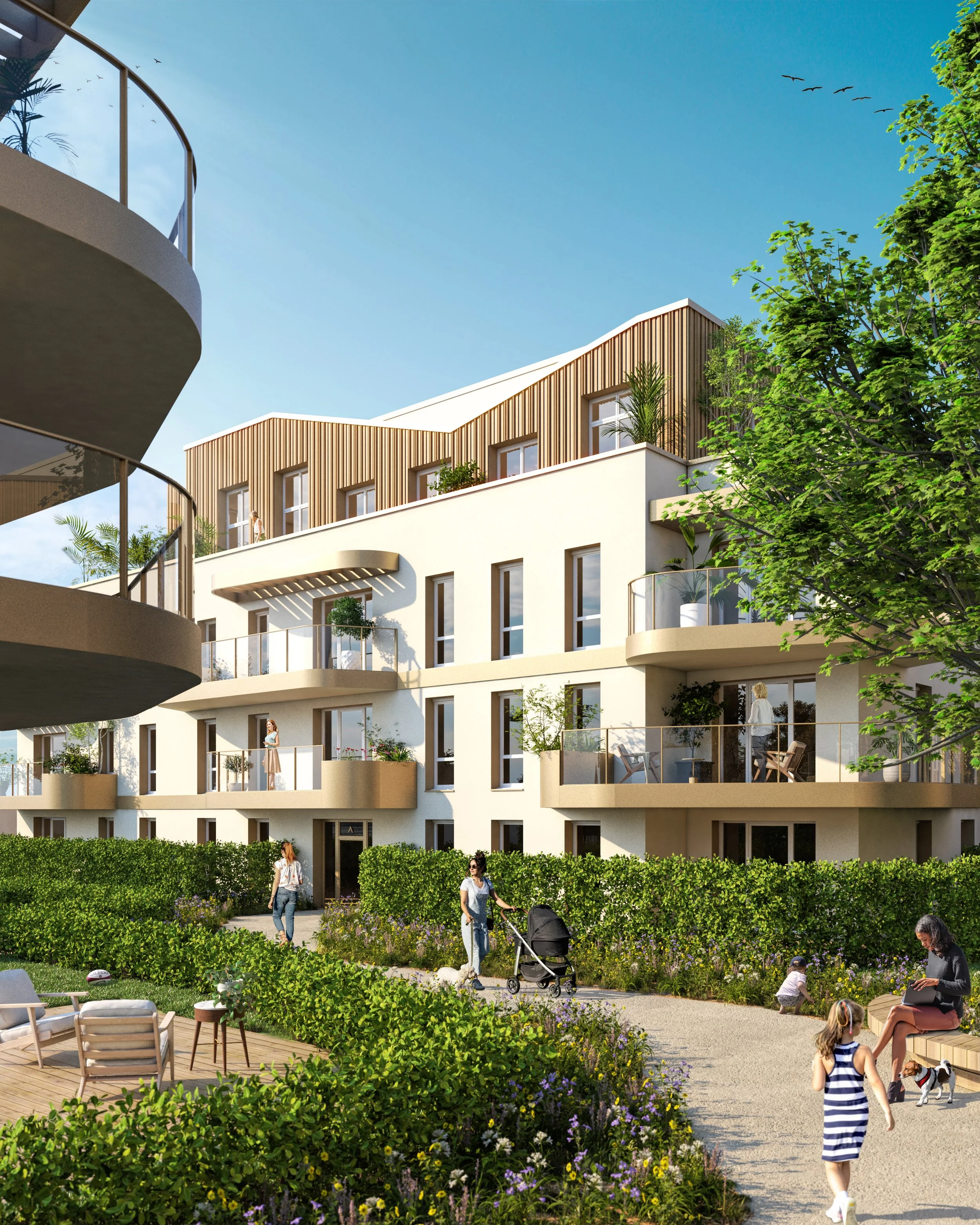 Un espace résidentiel avec des immeubles modernes, un jardin paysager, et des habitants profitant de l'extérieur, avec des arbres verts, des fleurs, et des personnes marchant ou jouant.
