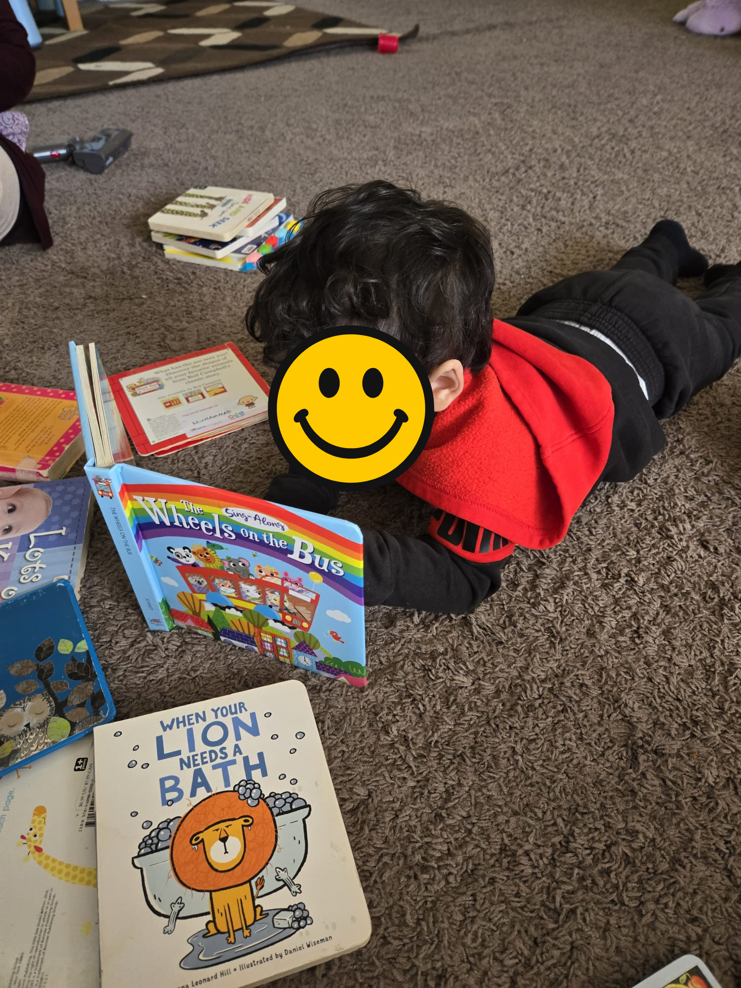 Child lying on the carpet reading children's books, with an assortment of books nearby, in a cozy indoor setting.