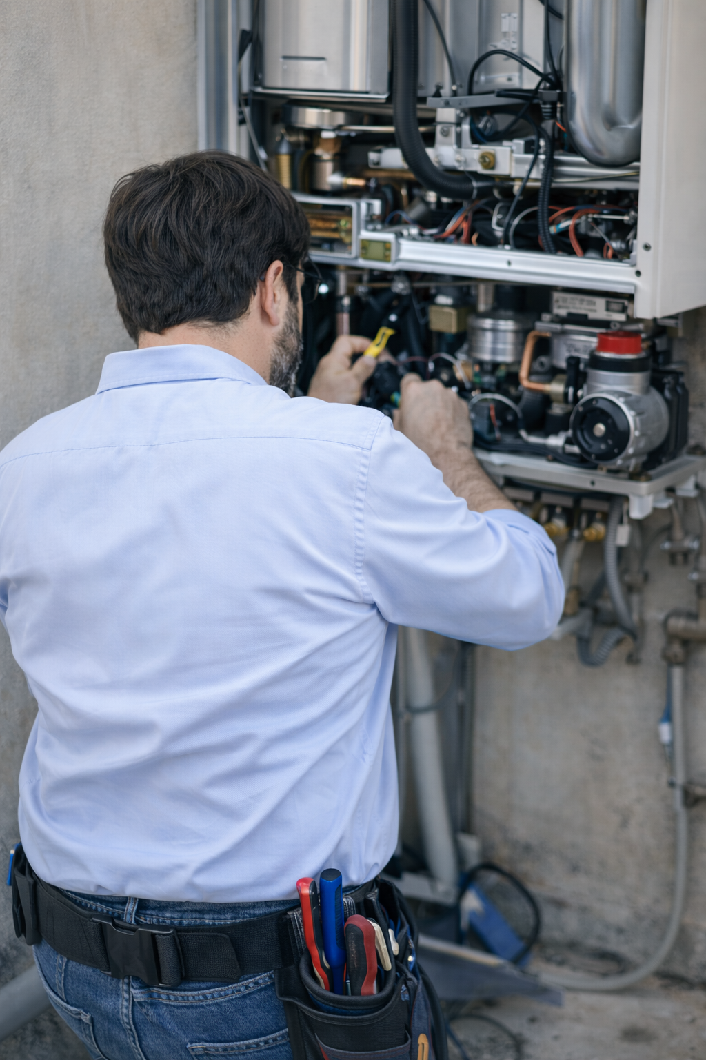 Un técnico realizando mantenimiento en una máquina industrial con múltiples cables y componentes metálicos.