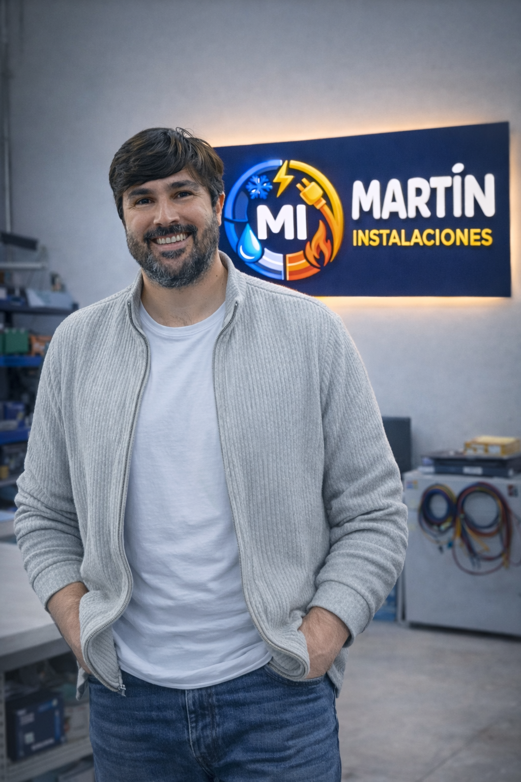 Hombre sonriente de pie en un taller o oficina, con señal que dice "Mí Martín Instalaciones" en el fondo.