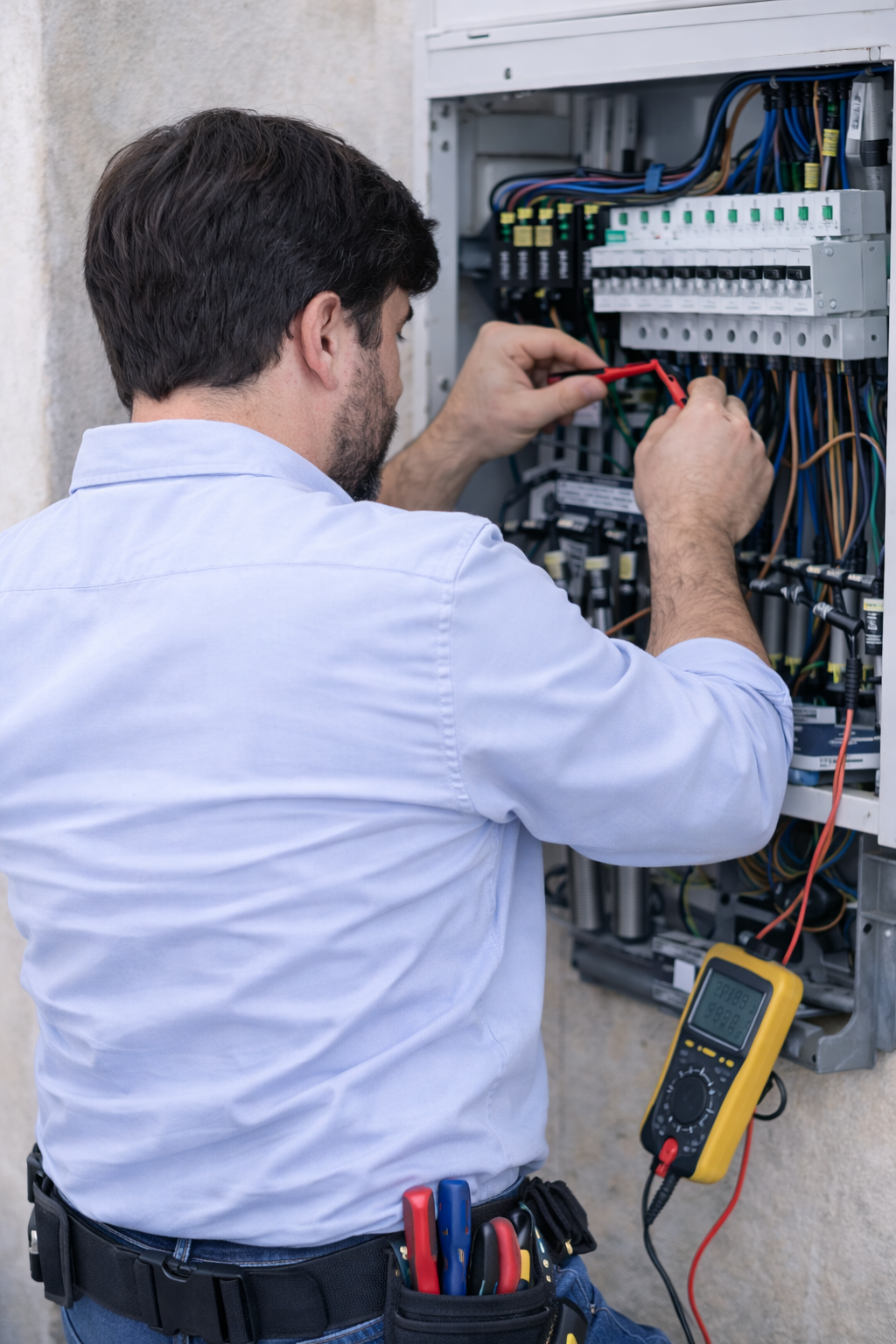 Un técnico está reparando un cuadro eléctrico interior, usando instrumentos de medición y herramientas, con un multímetro digital en el suelo.