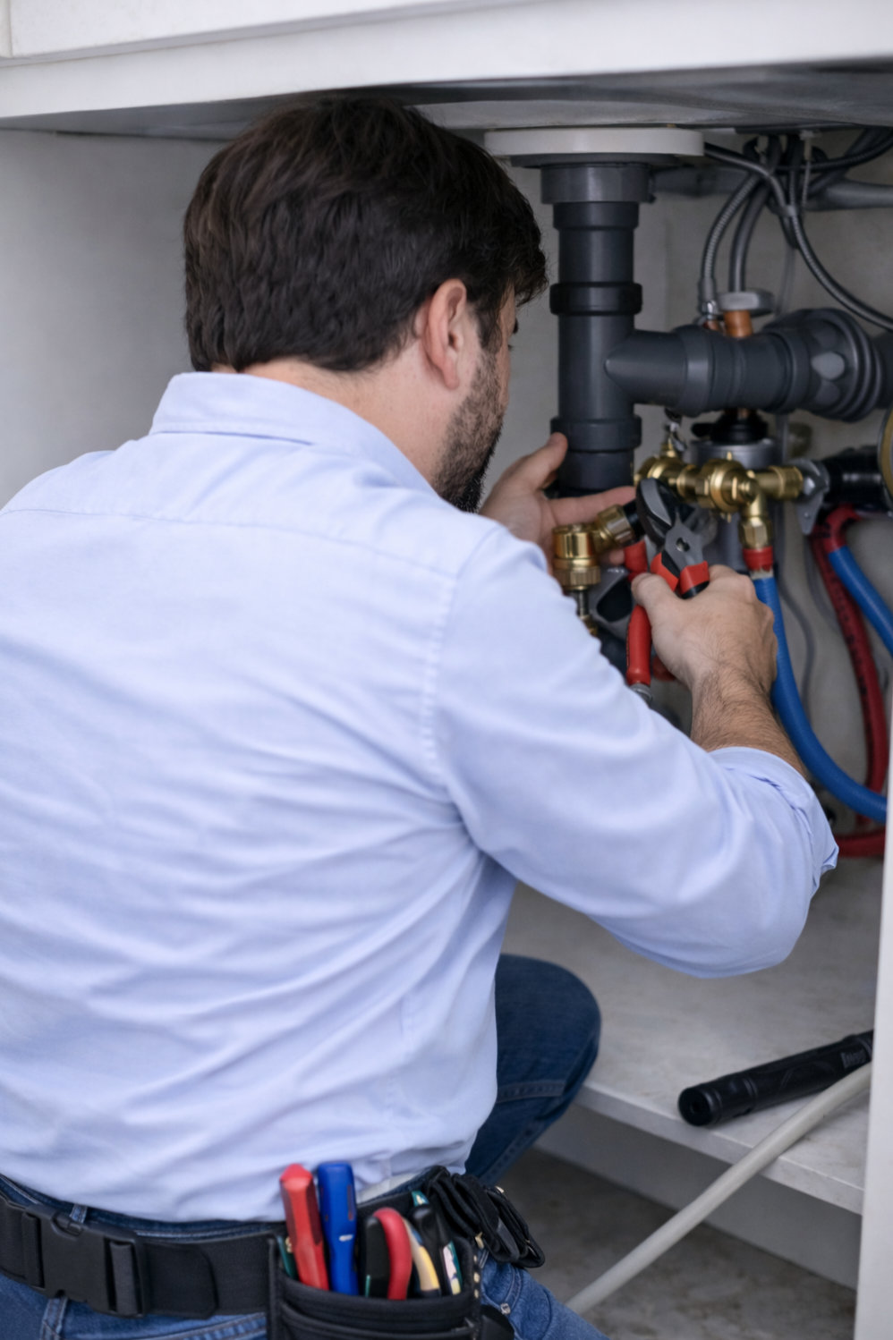 Un técnico trabaja en las tuberías debajo de un fregadero, ajustando conexiones con herramientas.