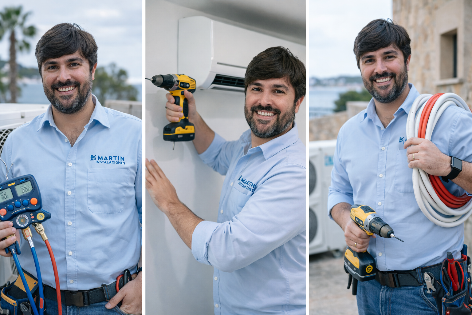 Un hombre sonriente con camisa celeste con logo de 'Martin Instalaciones', sosteniendo herramientas eléctricas y cables, en un entorno exterior. Foto de un técnico en instalaciones eléctricas y aire acondicionado.