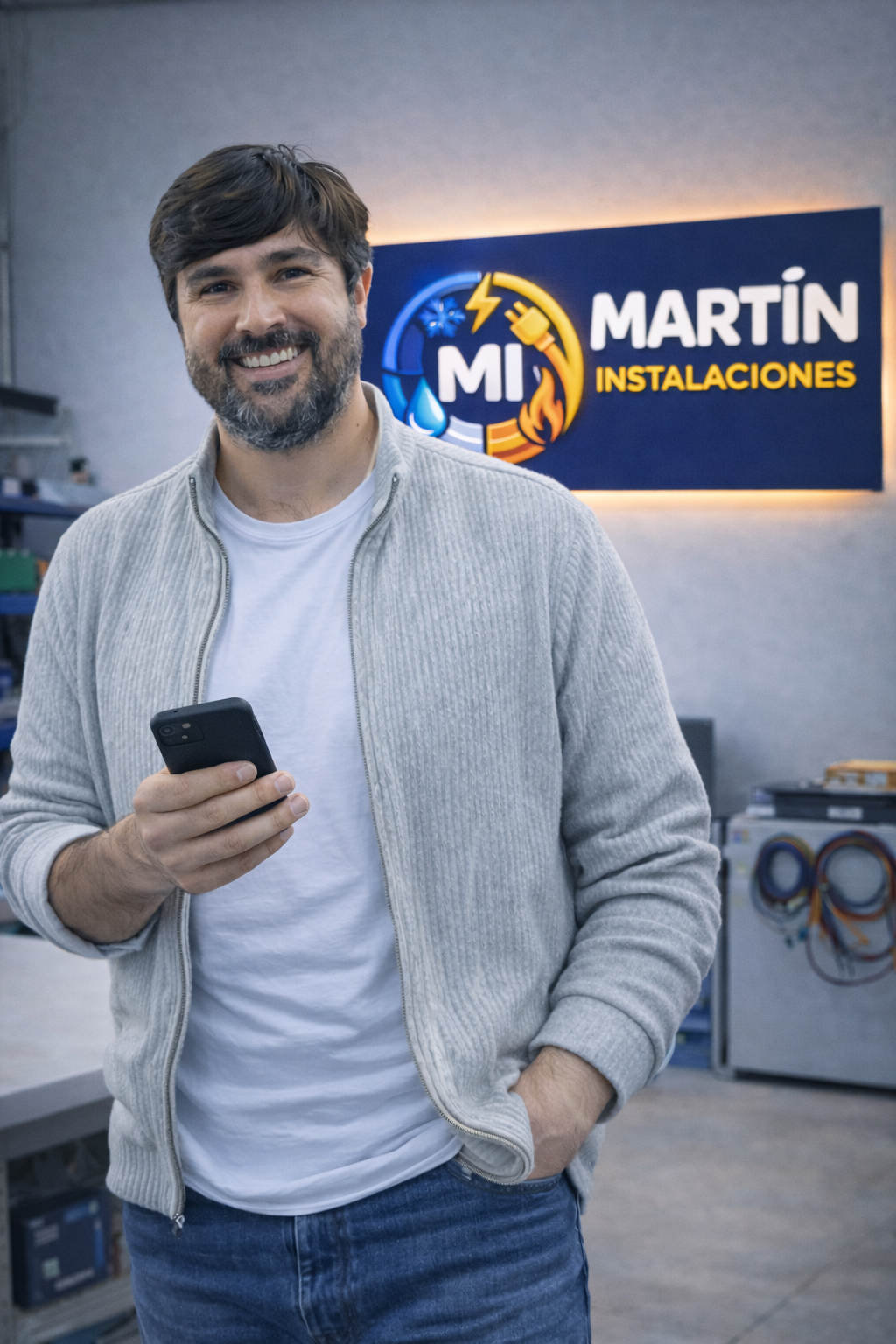 Hombre con barba y cabello castaño, sonriendo, sosteniendo un teléfono móvil en su mano, en un taller de instalaciones eléctricas con un cartel que dice 'MI MArtín INSTALACIONES' y símbolo de electricidad en el fondo.