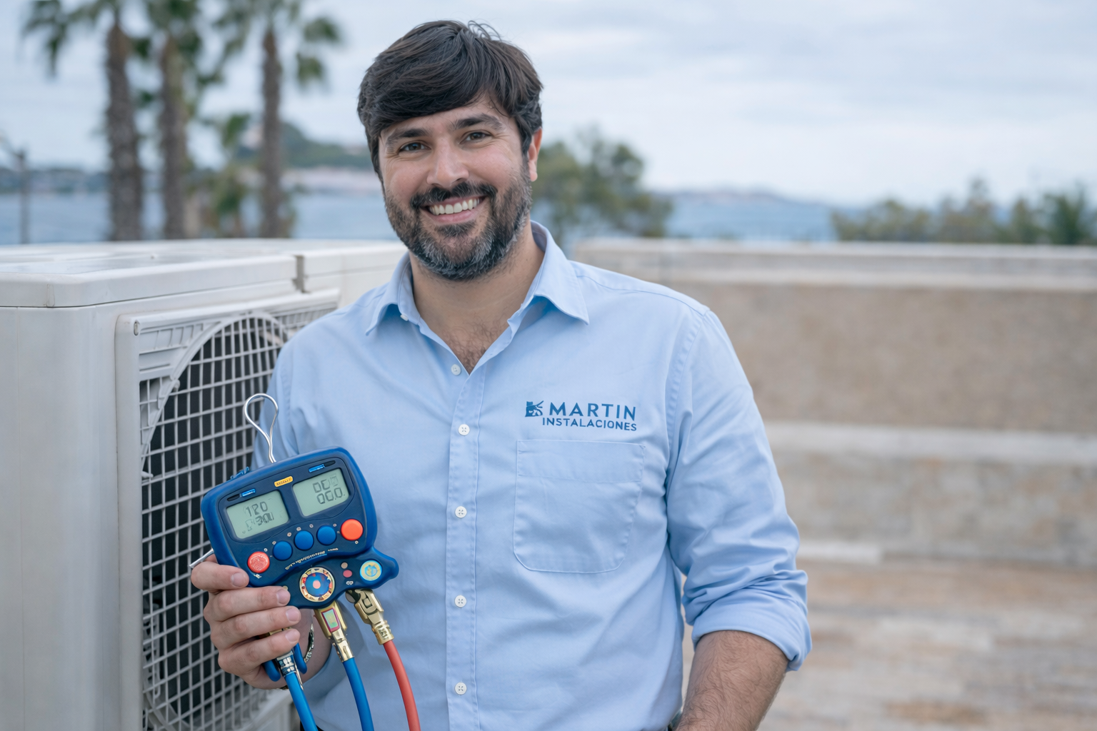 Hombre con barba, camisa azul con logo de 'MARTIN INSTALACIONES', sosteniendo un t.
