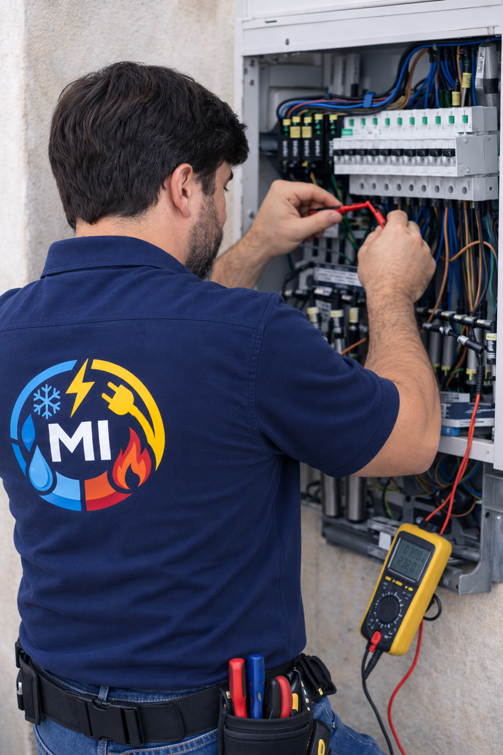 Un técnico está reparando un cuadro eléctrico interior, usando instrumentos de medición y herramientas, con un multímetro digital en el suelo.