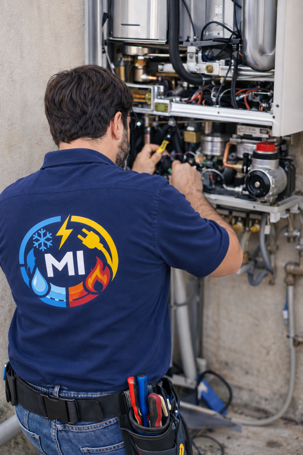 Un técnico realizando mantenimiento en una máquina industrial con múltiples cables y componentes metálicos.