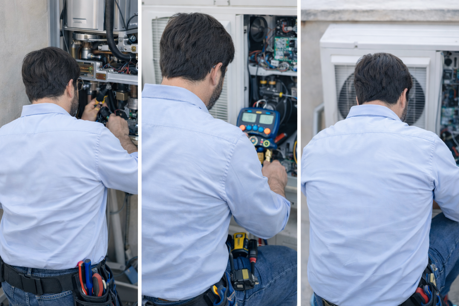 Tecnico arreglando un aire acondicionado con herramientas y un multímetro.