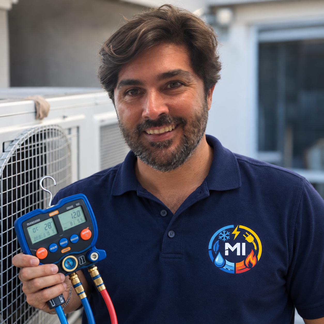 Hombre con barba, camisa azul con logo de 'MARTIN INSTALACIONES', sosteniendo un t.