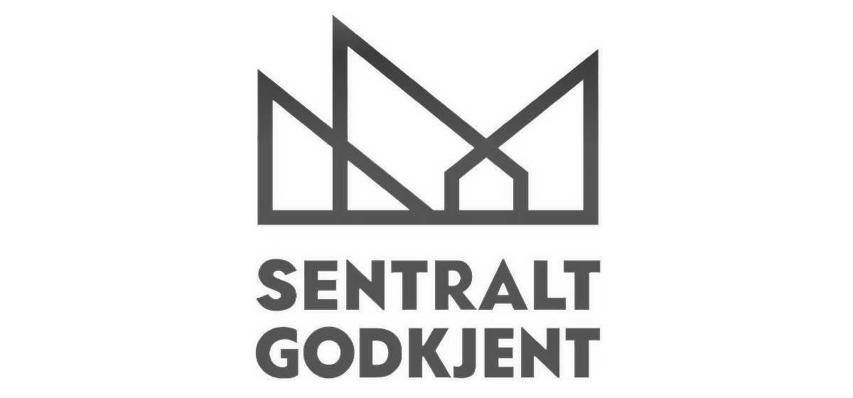 En logo med et geometrisk design over teksten 'Sentral Godkjent' på svart bakgrunn.