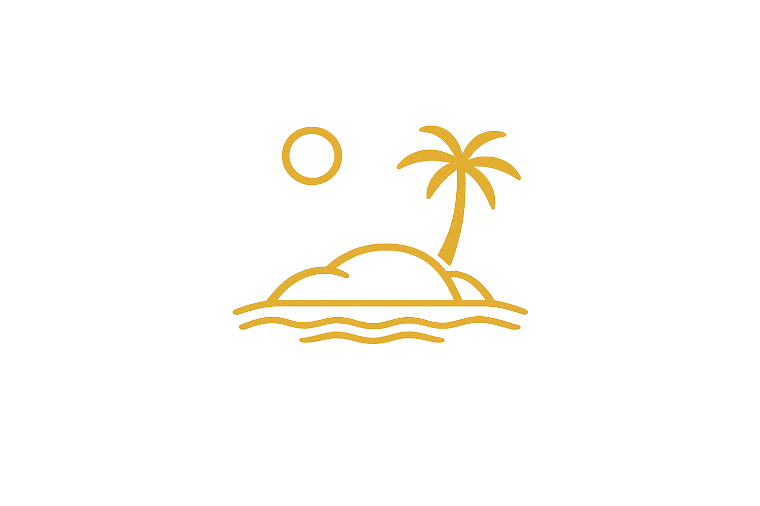 A minimalist line drawing of an island with a palm tree, a setting sun, and wavy water, illustrated in gold.