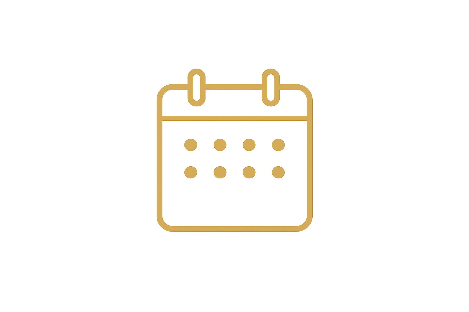 Gold line drawing of a calendar icon with a grid of six dots inside, representing a date or event.
