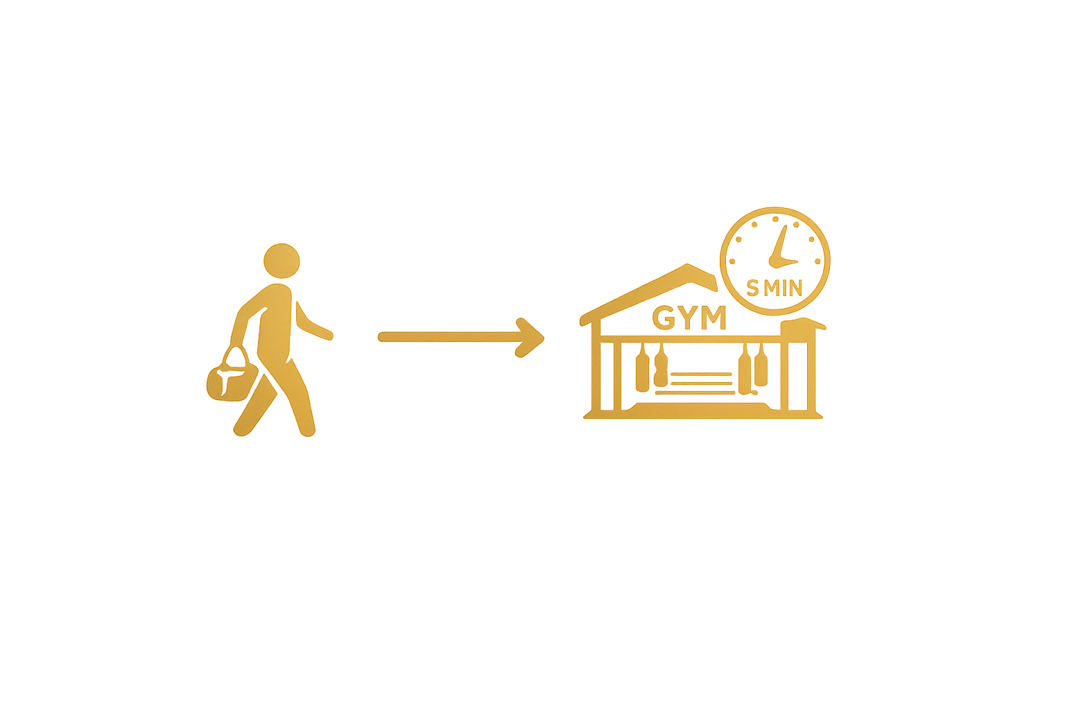 A person carrying a bag walking towards a gym building with a sign, and a clock showing 4 minutes past 4.