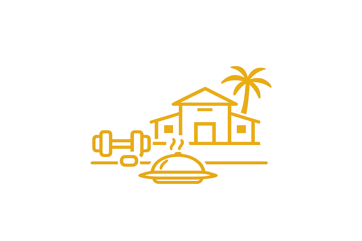 Line drawing of a house with a palm tree, a sun, and a car in front, all in yellow, on a black background.
